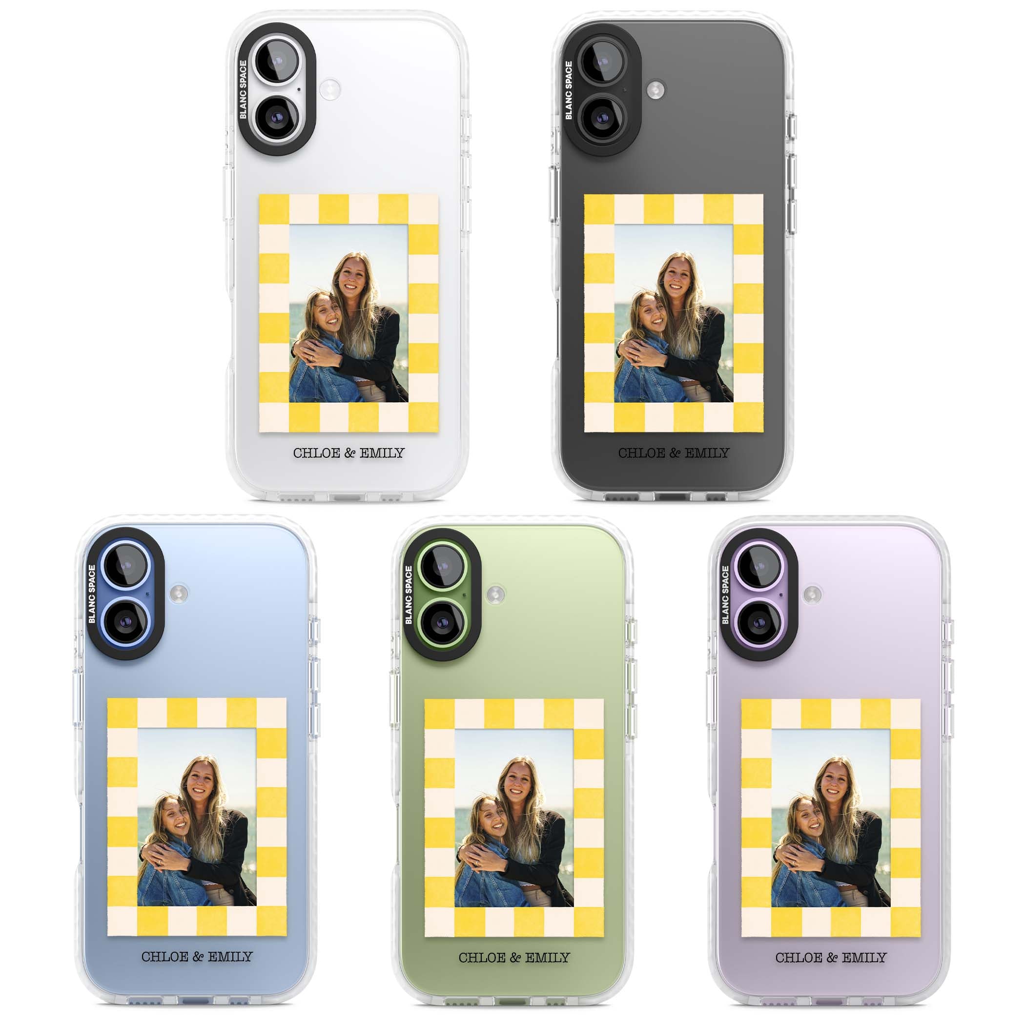Yellow Check Photo personalised iPhone case with yellow checkered Polaroid frame and custom names beneath | Black Impact case for iPhone 17