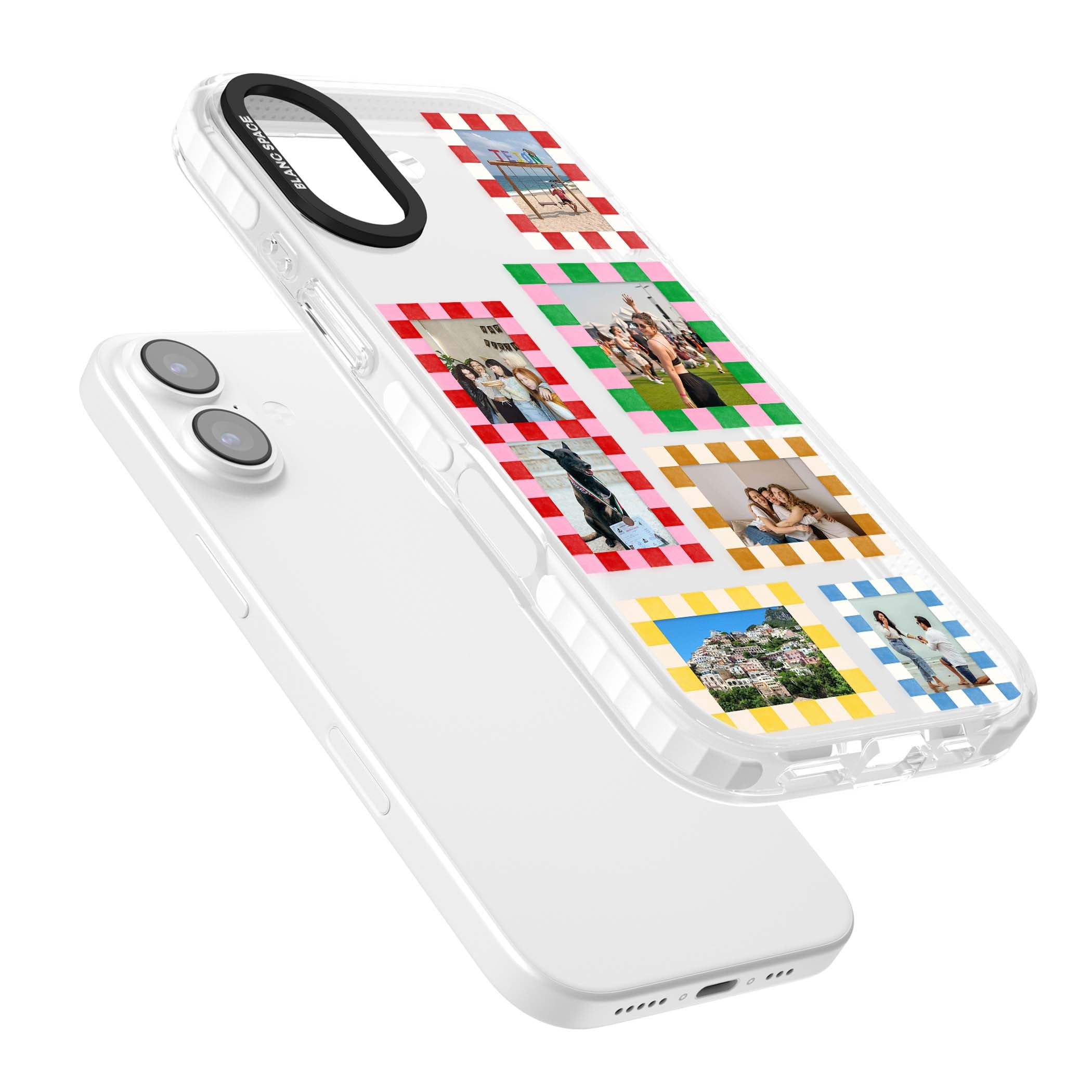 Italian Check Frames custom photo collage iPhone case featuring six checkered photo frames in red, green, pink and  | Black Impact case for iPhone 17