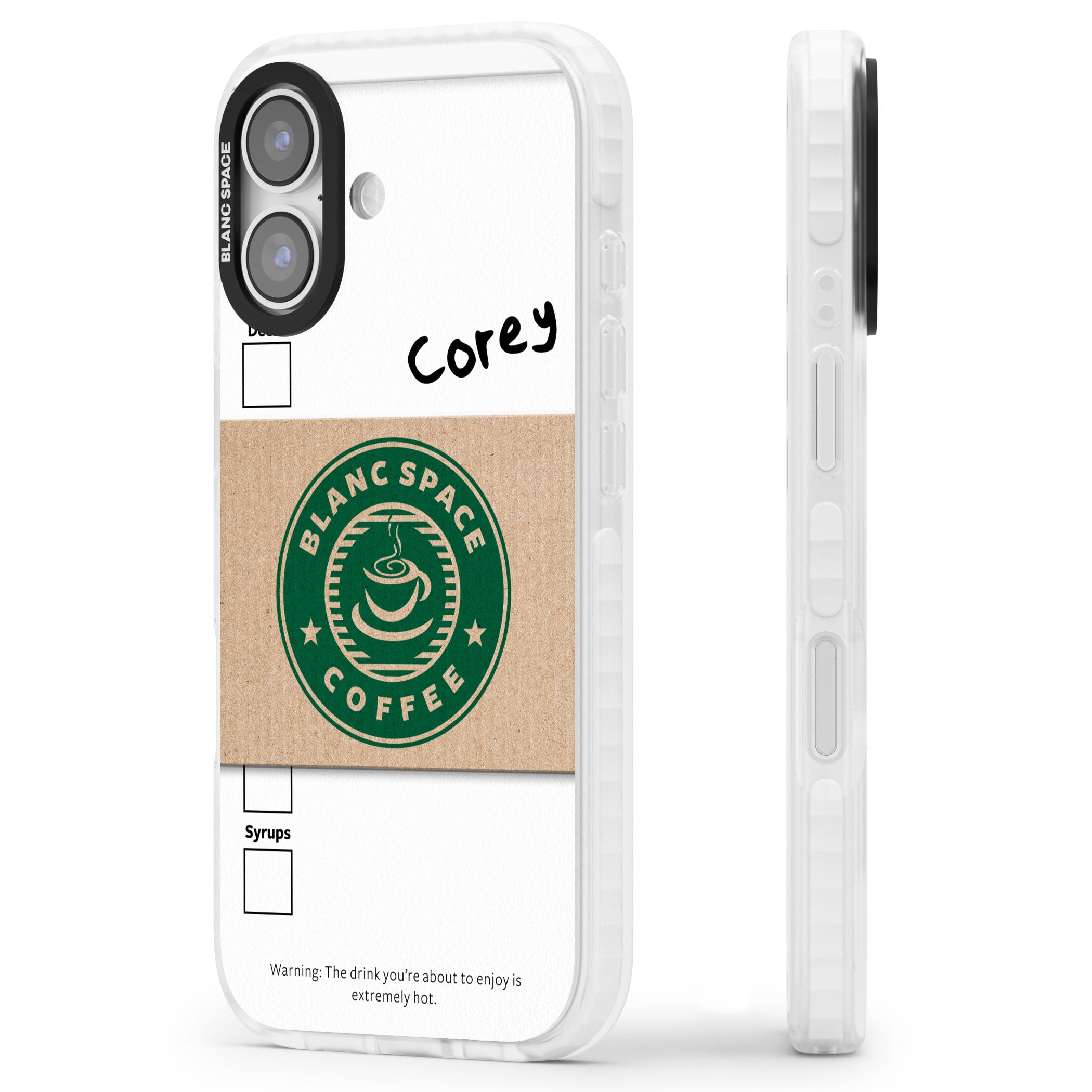 Personalised Coffee Cup iPhone 17 Impact Clear Phone Case Side Profile