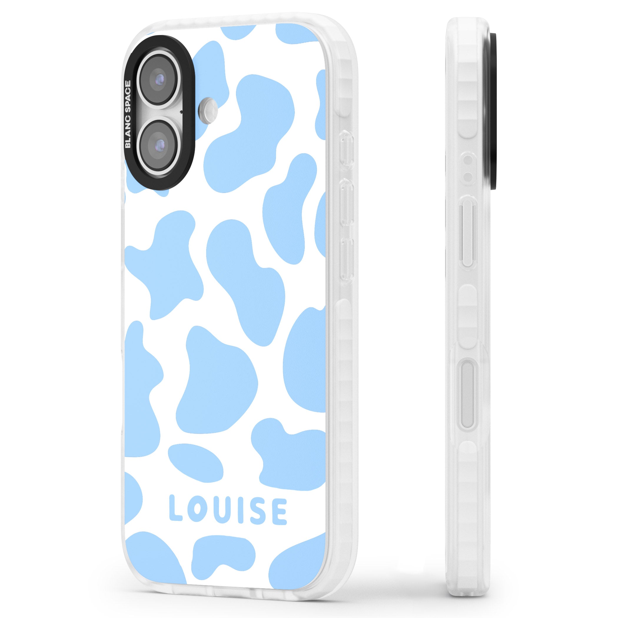 Personalised Blue And White Cow Print iPhone 17 Impact Clear Phone Case Side Profile