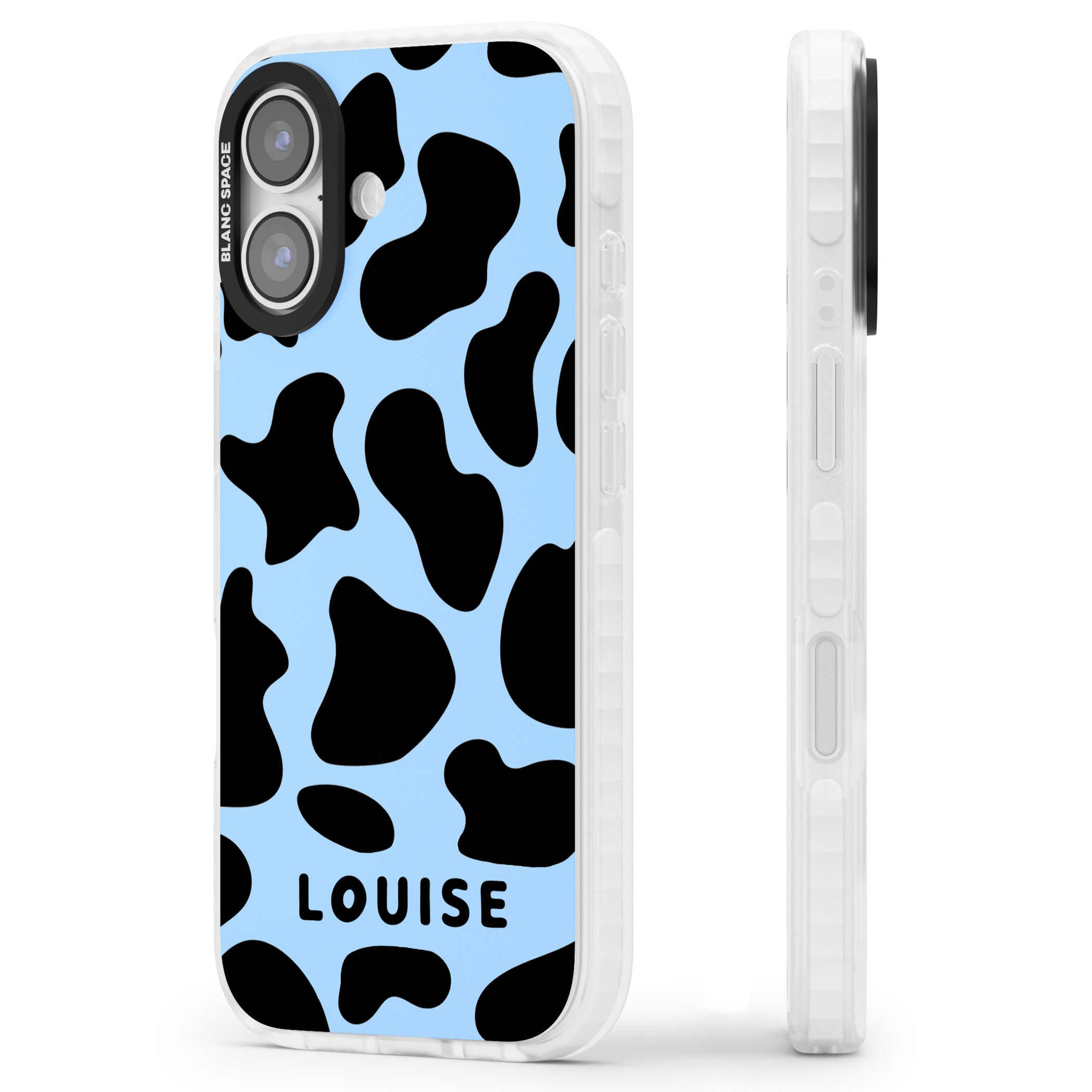 Personalised Blue And Black Cow Print iPhone 17 Impact Clear Phone Case Side Profile