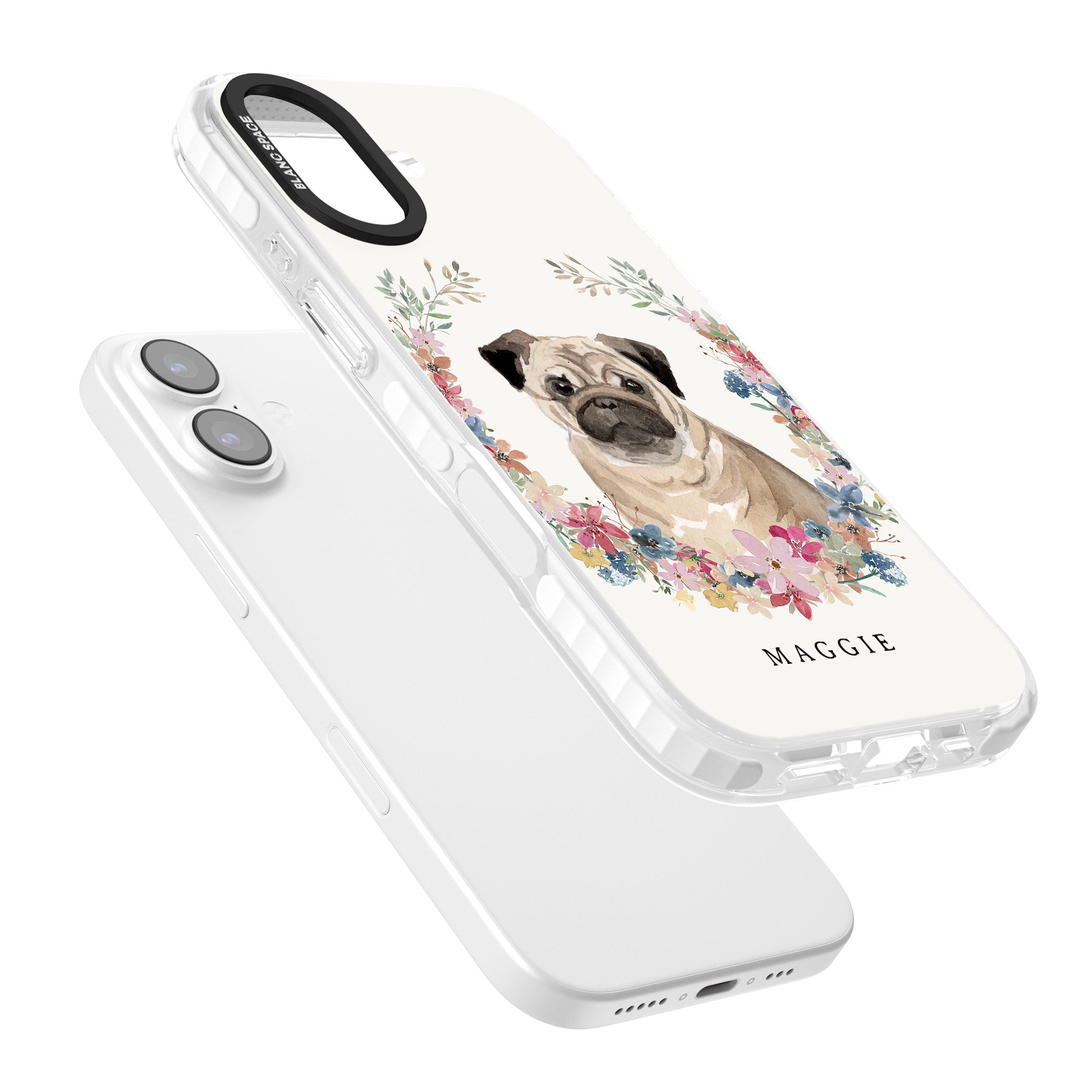 Personalised Pug Floral Portrait iPhone 17 Impact Clear Phone Case Colours
