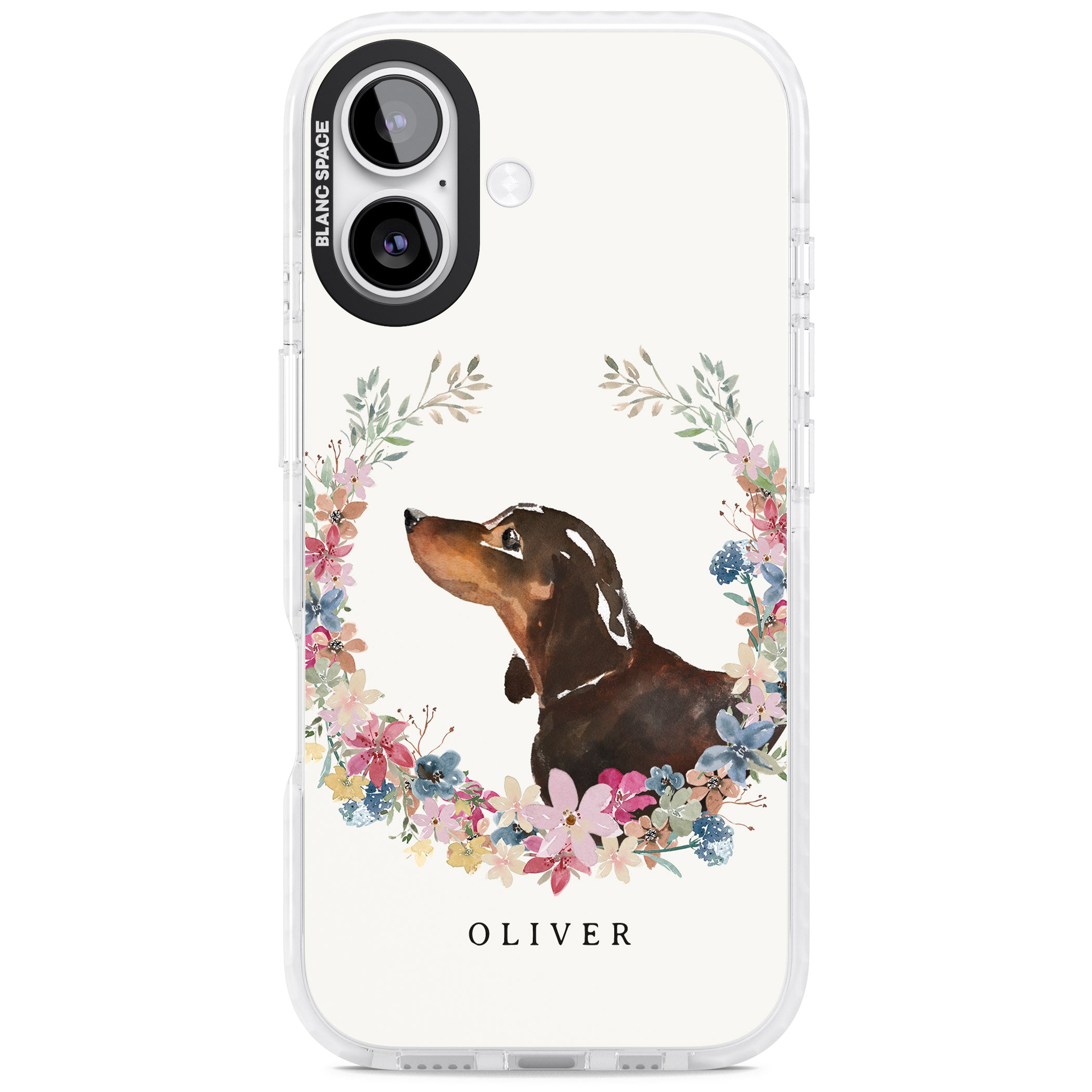 Personalised Black & Tan Dachshund Floral Portrait iPhone 17 Impact Clear Phone Case