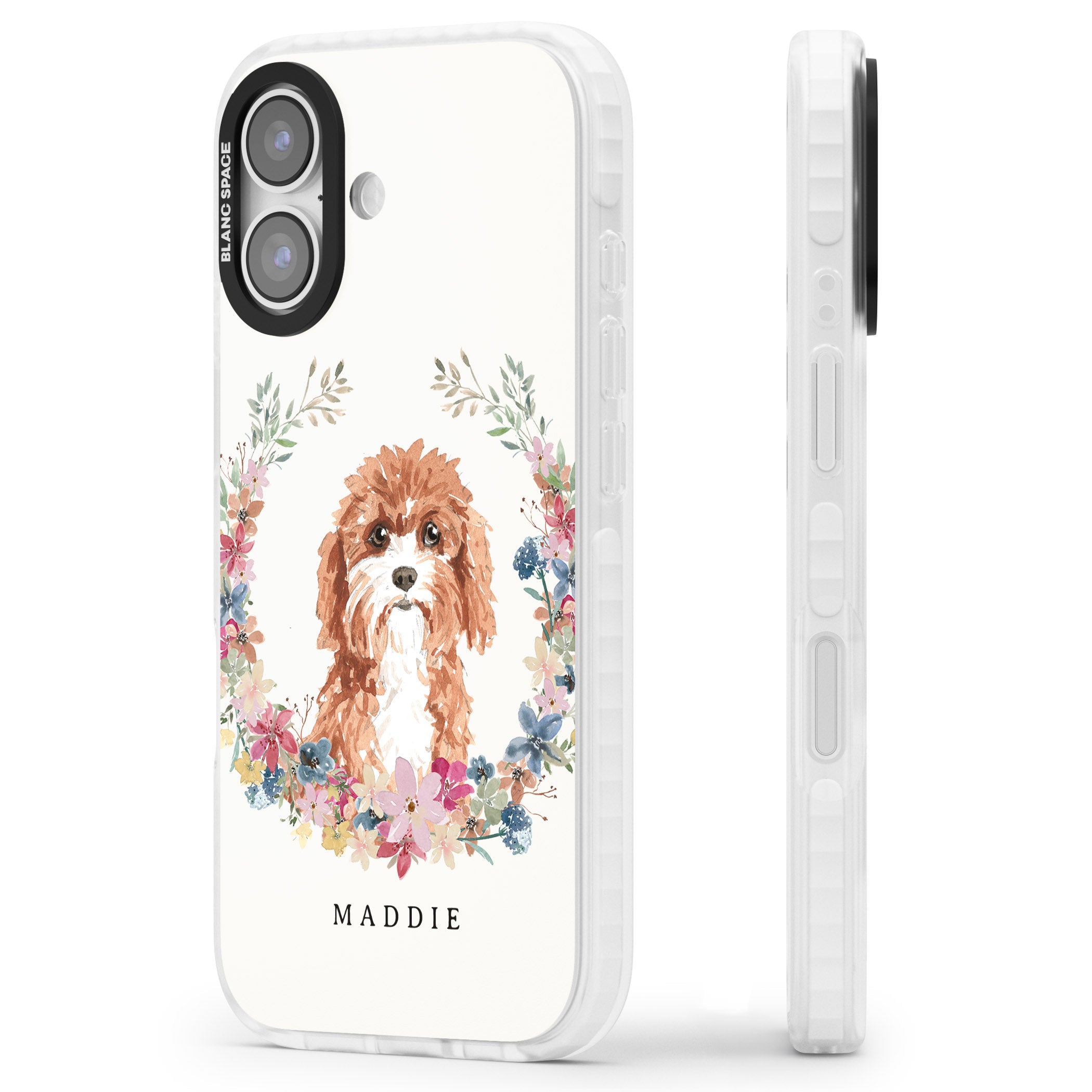 Personalised Cavapoo Floral Portrait iPhone 17 Impact Clear Phone Case Side Profile