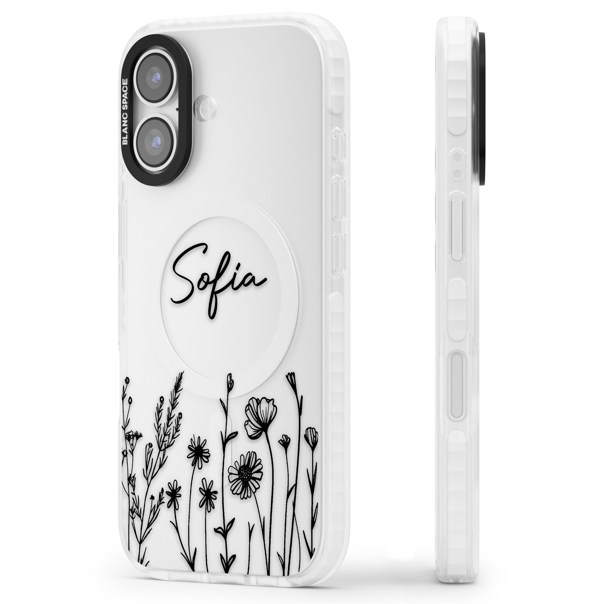 Personalised Black Wildflowers iPhone 17 Impact Clear Phone Case Side Profile