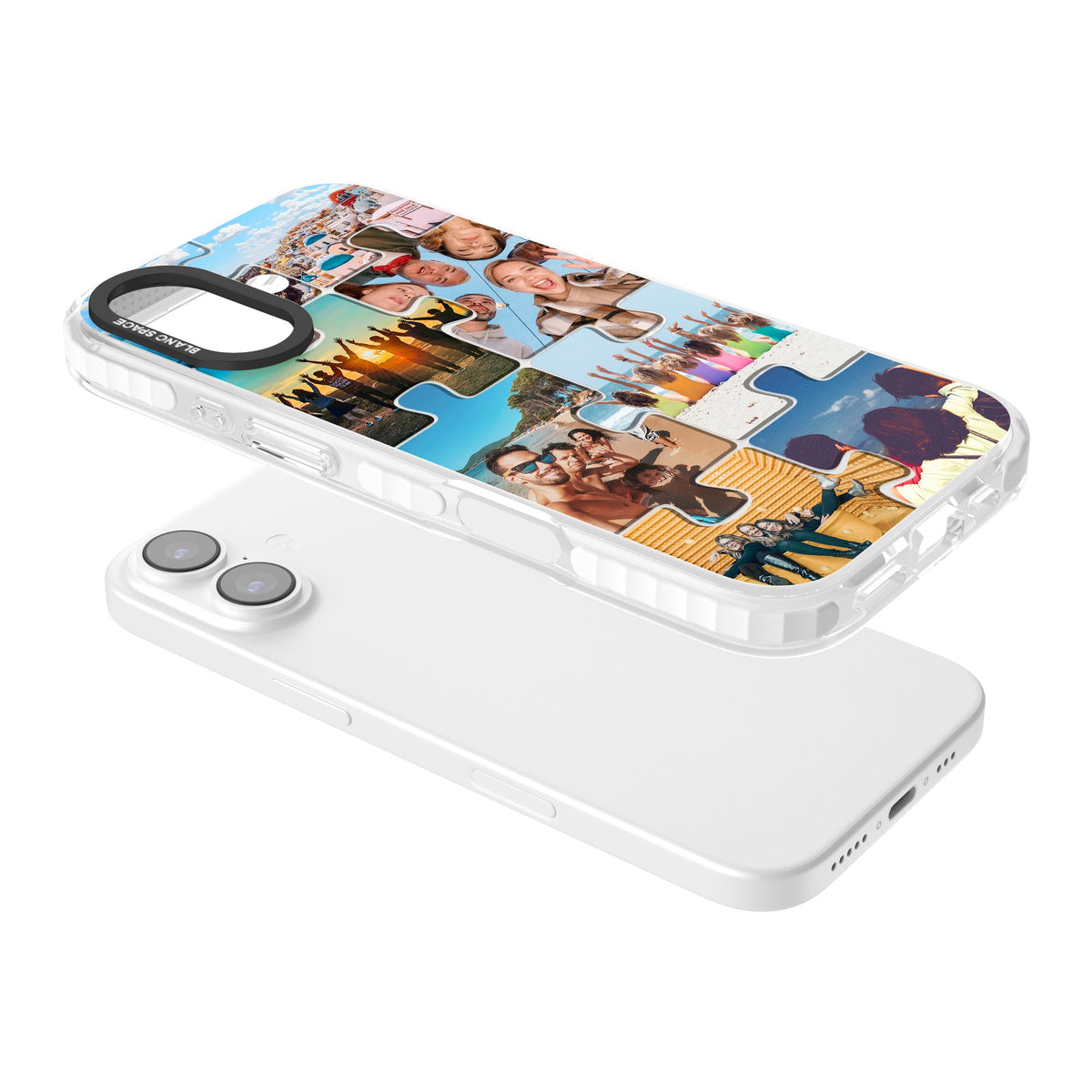 Personalised Jigsaw Photo Grid iPhone 16 / iPhone 16 Plus / iPhone 17 Impact Clear Phone Case angled