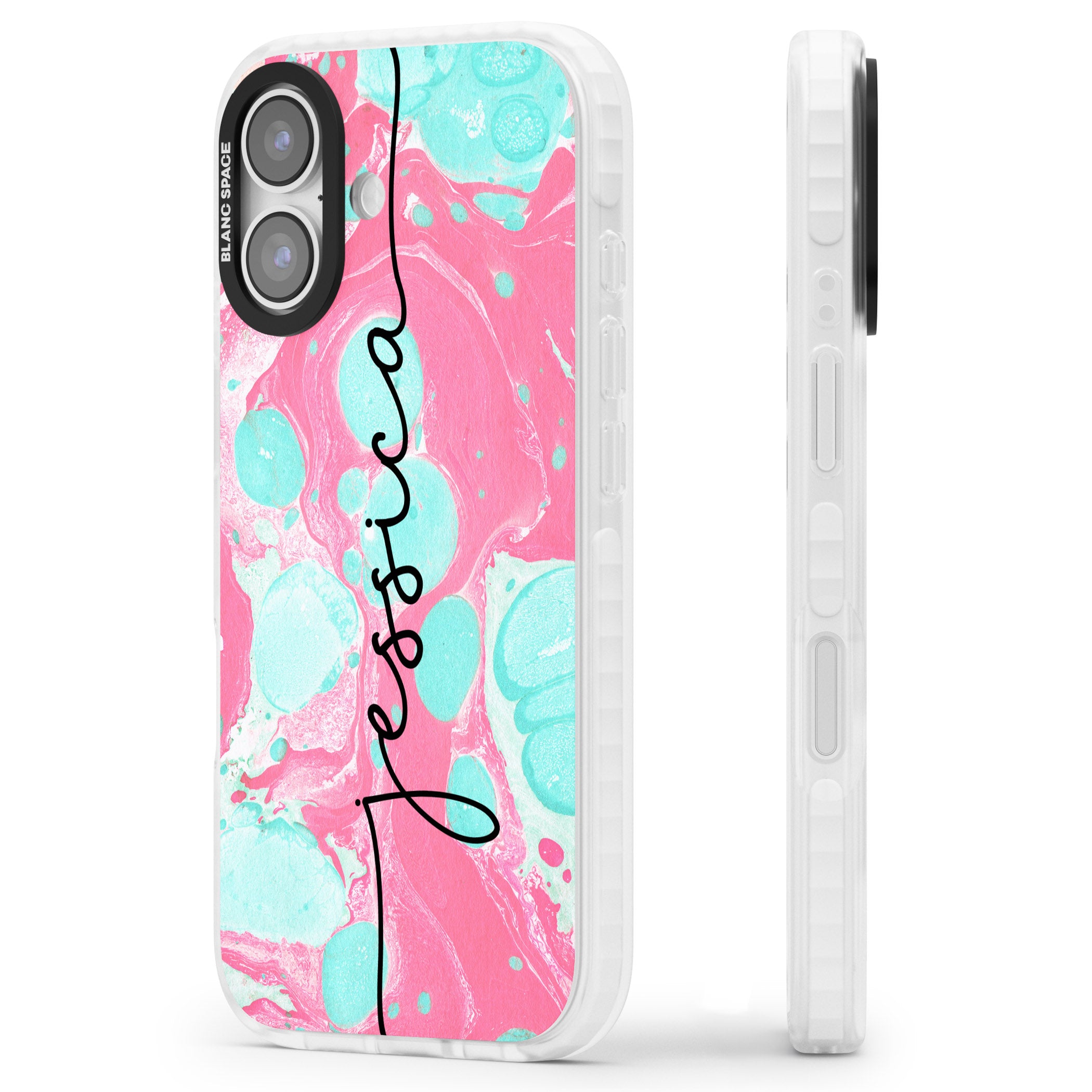 Personalised Turquoise & Pink Marbled iPhone 17 Impact Clear Phone Case Side Profile