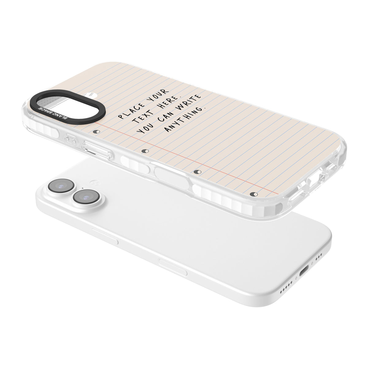 Personalised Lined Paper iPhone 16 / iPhone 16 Plus / iPhone 17 Impact Clear Phone Case angled