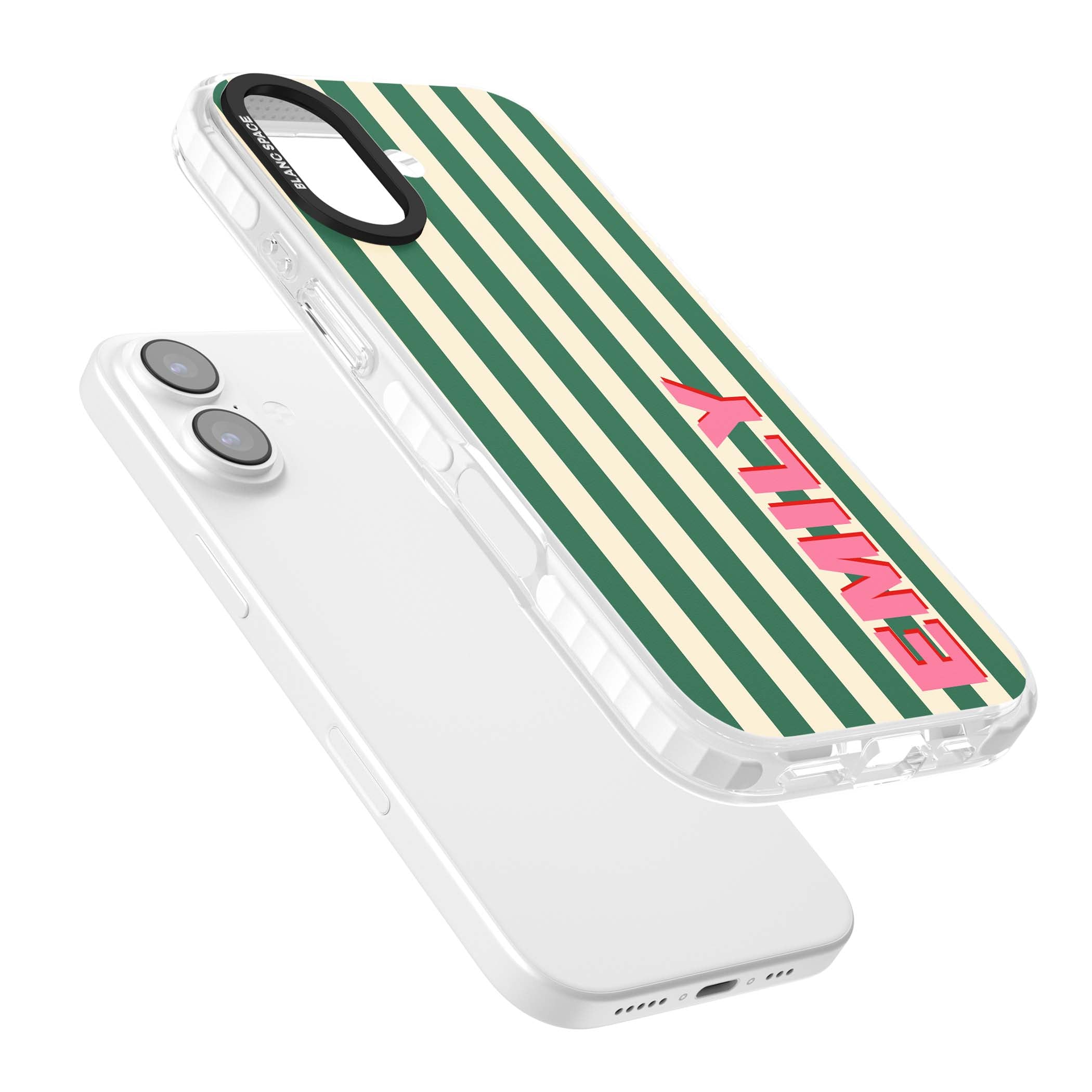 Wimbledon Stripe preppy iPhone case featuring green and cream vertical stripes with a personalised pink name | Black Impact case for iPhone 17