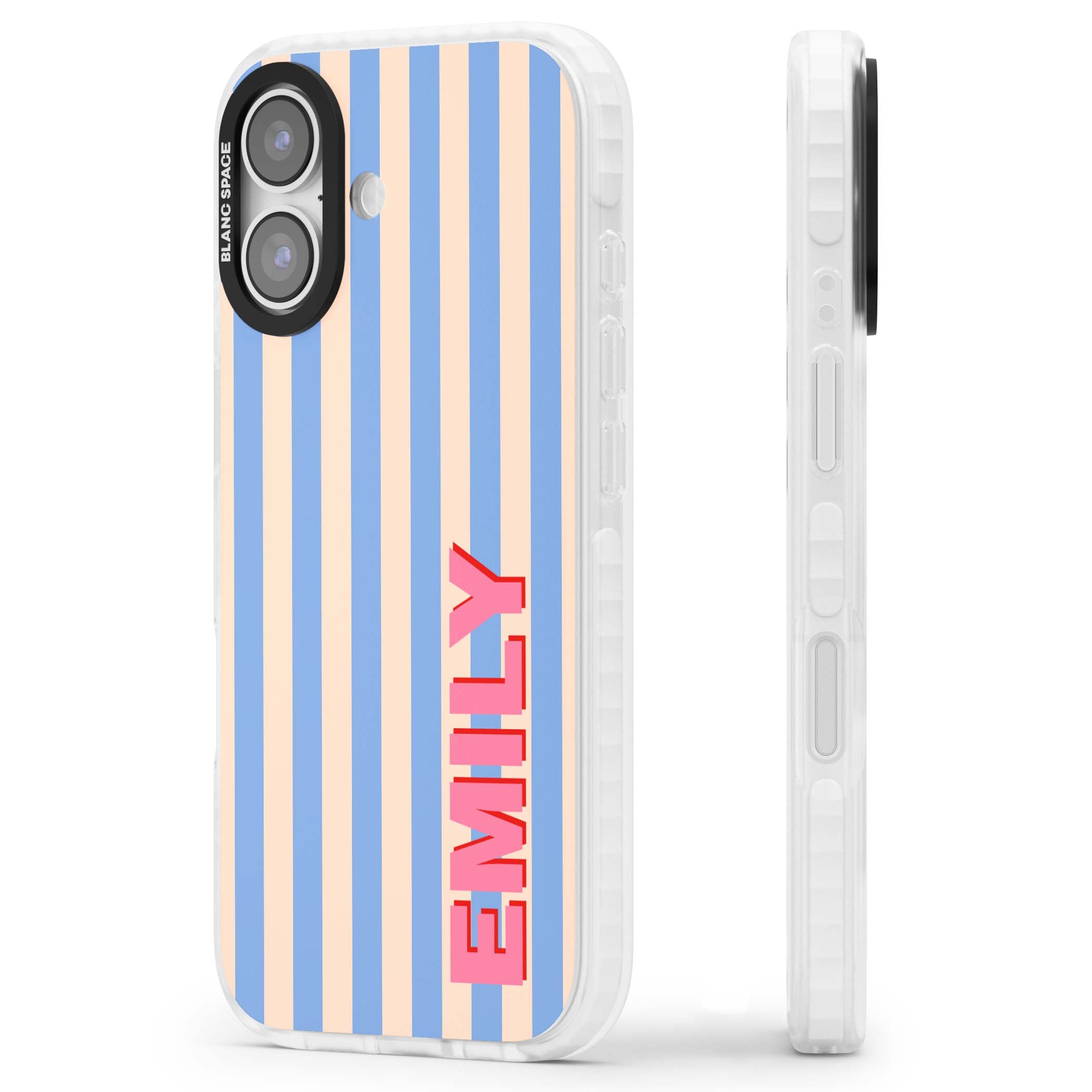 Coastal Stripe personalised coastal iPhone case with blue and peach vertical stripes and custom pink name | Black Impact case for iPhone 17