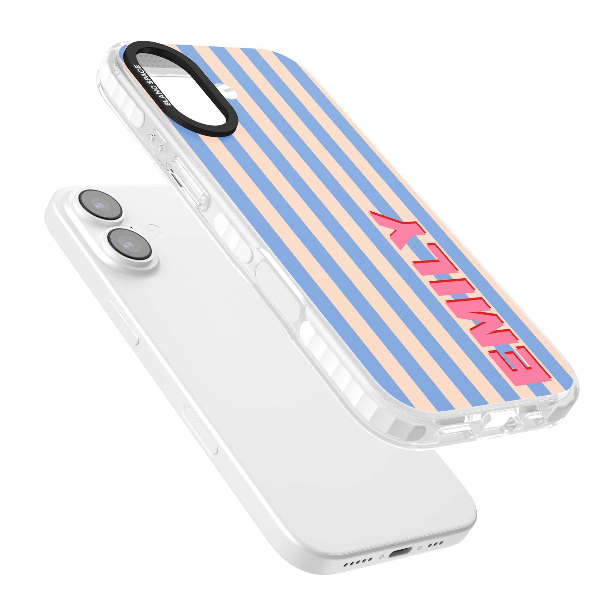 Coastal Stripe personalised coastal iPhone case with blue and peach vertical stripes and custom pink name | Black Impact case for iPhone 17