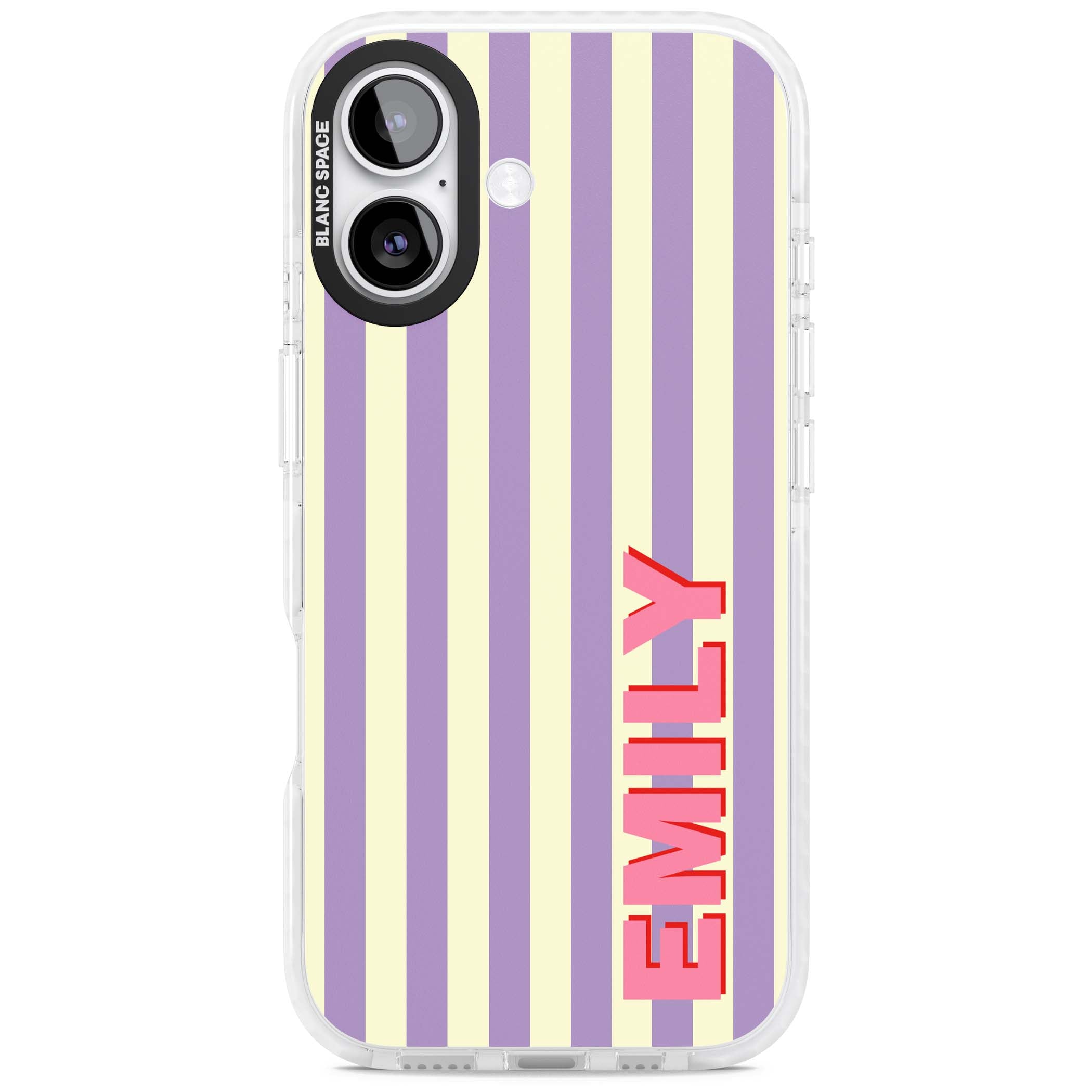 Valensole Stripe personalised iPhone case with purple and cream vertical stripes and pink custom name | Black Impact case for iPhone 17