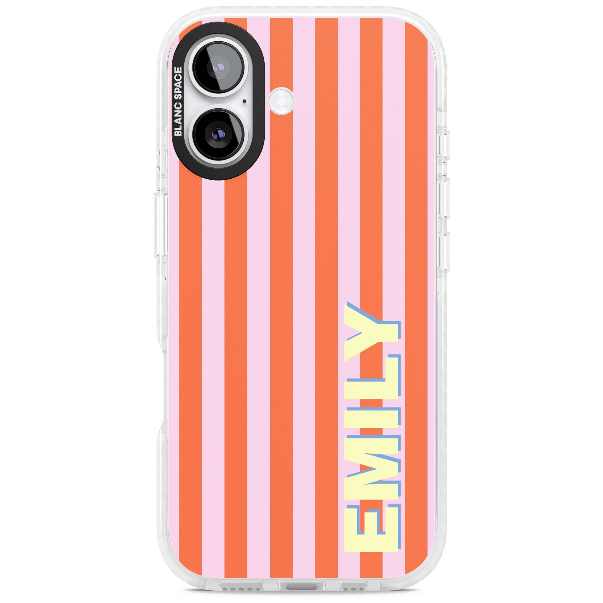 Havana Stripe personalised iPhone case featuring pink and orange vertical stripes with a custom yellow name | Black Impact case for iPhone 17