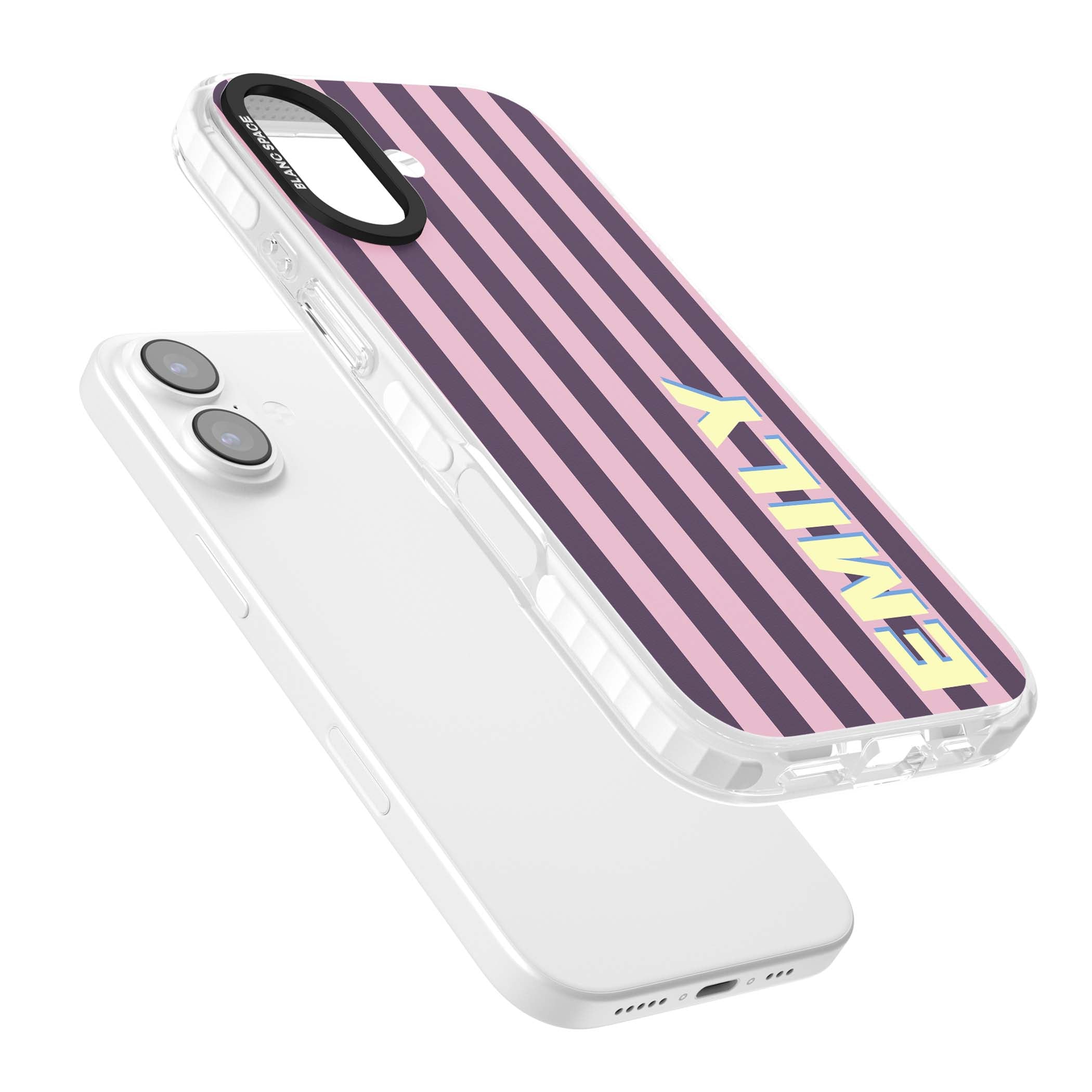 Tyre Stripe personalised stripe iPhone case with plum and pink vertical stripes and custom yellow name | Black Impact case for iPhone 17