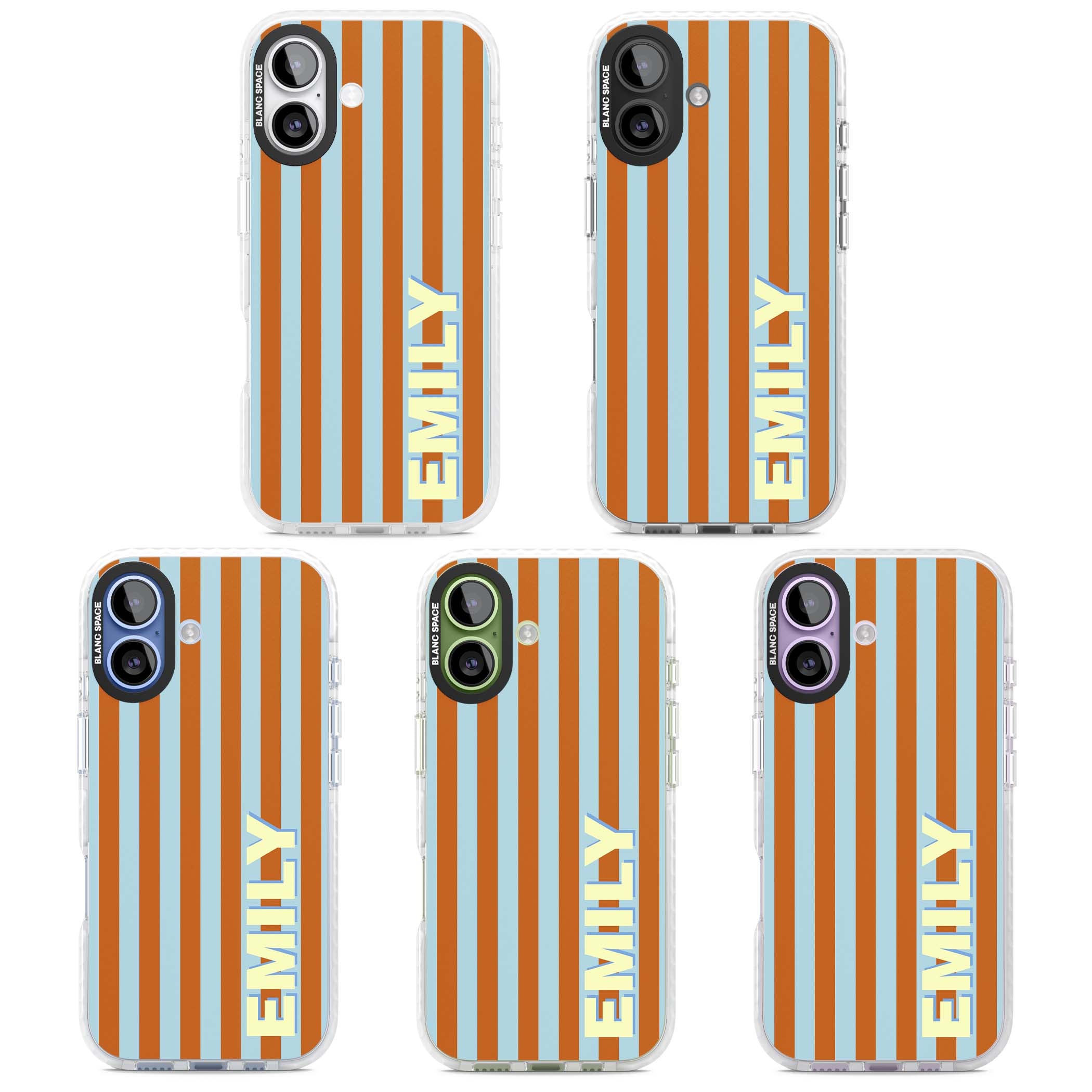 Cappadocia Stripe personalised coastal iPhone case featuring blue and orange vertical stripes with custom cream name | Black Impact case for iPhone 17