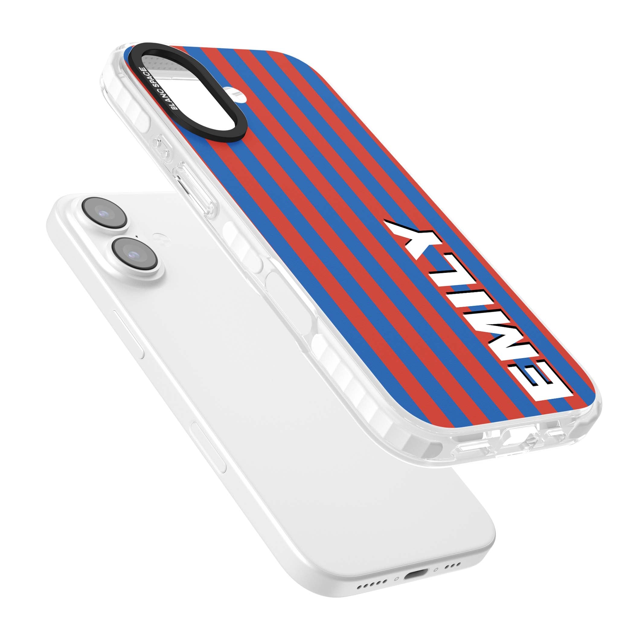 Cuban Stripe personalised iPhone case featuring red and blue vertical stripes with custom name in bold white letters | Black Impact case for iPhone 17