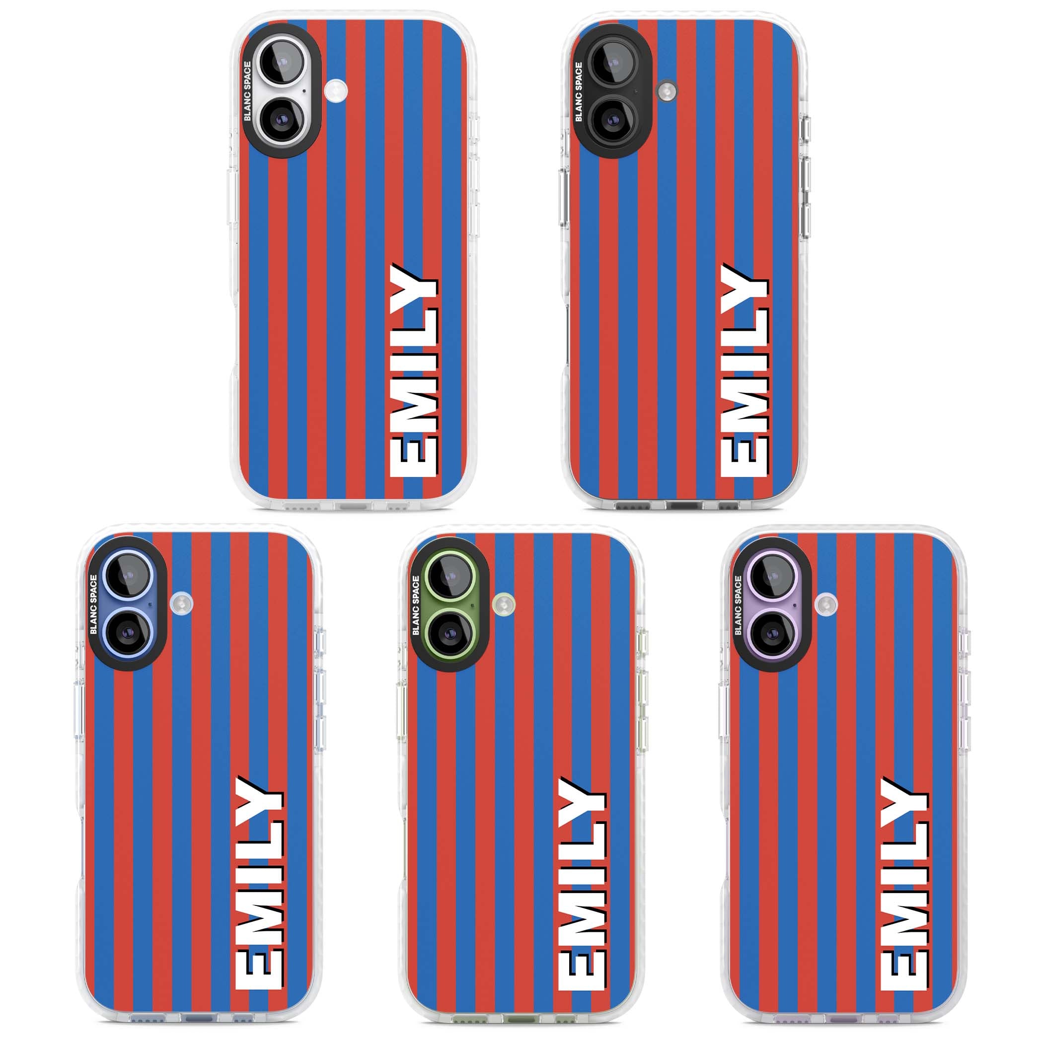 Cuban Stripe personalised iPhone case featuring red and blue vertical stripes with custom name in bold white letters | Black Impact case for iPhone 17