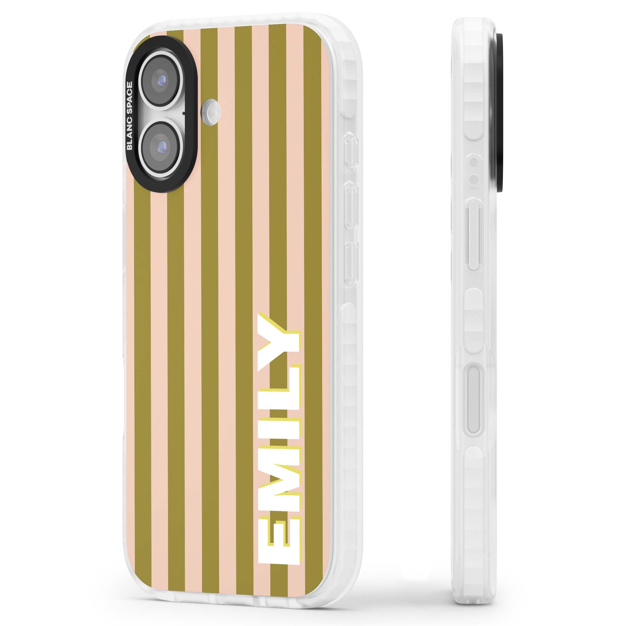 Indian Stripe personalised iPhone case featuring olive green and blush pink vertical stripes with custom name in whit | Black Impact case for iPhone 17