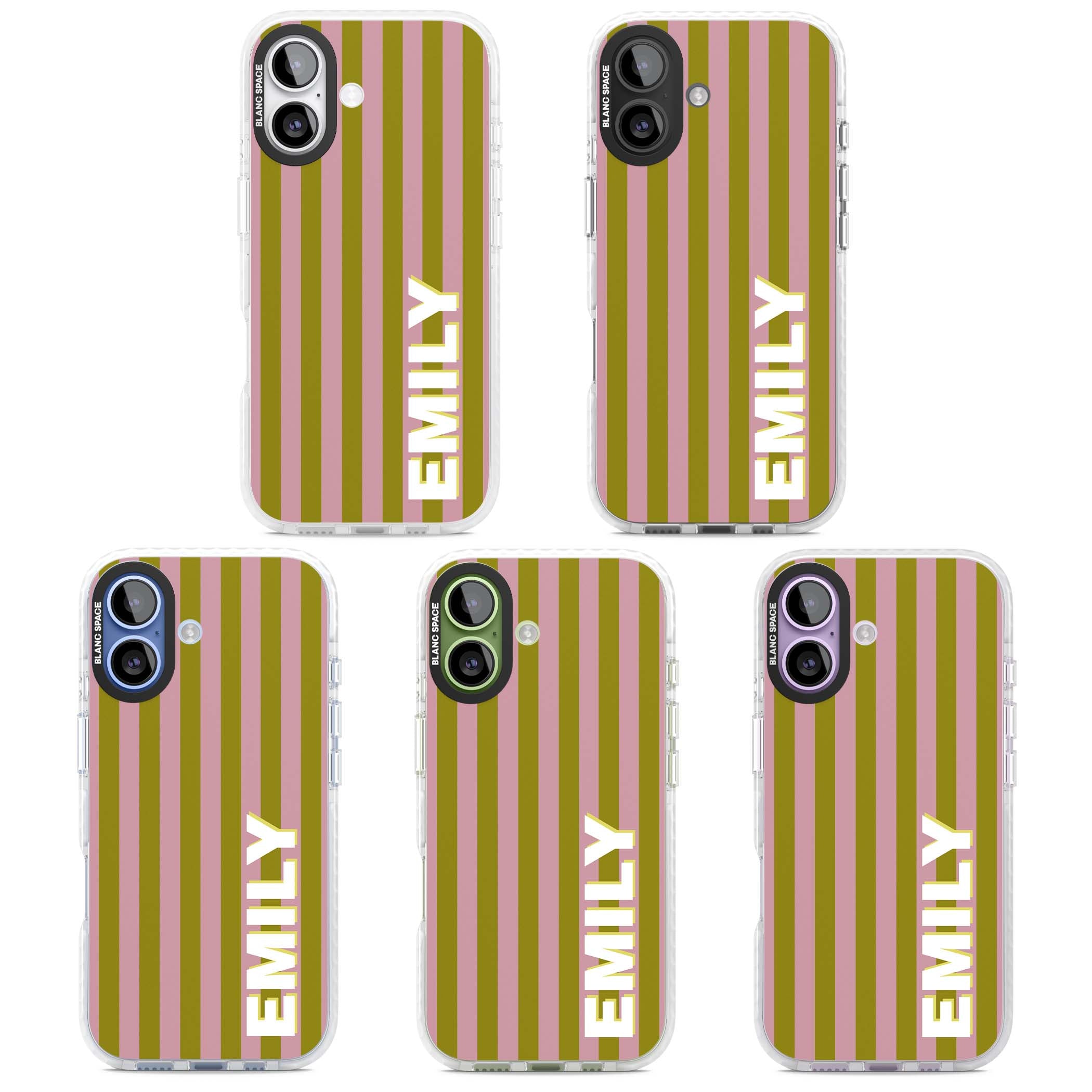 Istanbul Stripe personalised iPhone case featuring pink and olive green vertical stripes with a custom vertical name | Black Impact case for iPhone 17