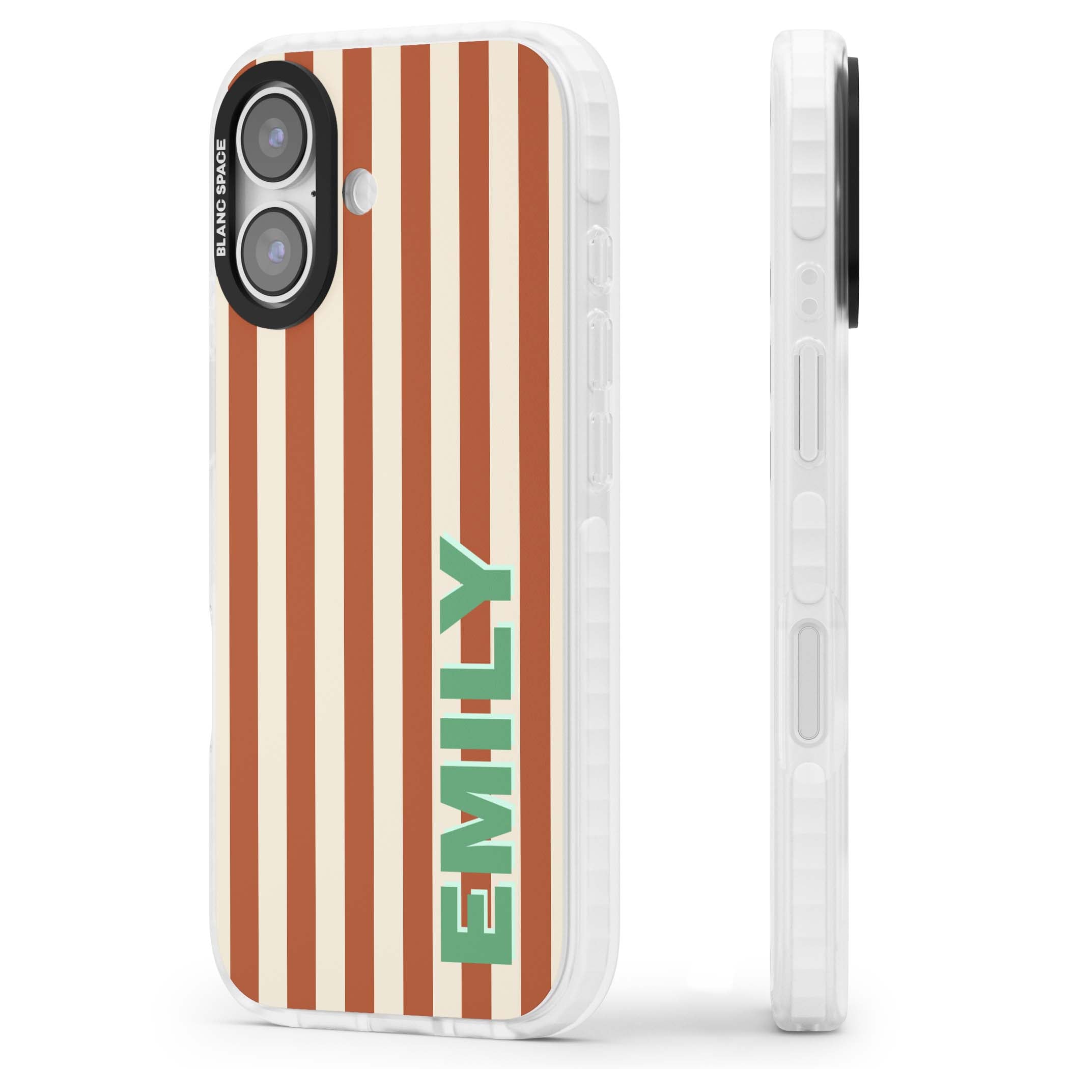 Dune Stripe personalised iPhone case with rust and cream vertical stripes and custom name in mint green | Black Impact case for iPhone 17
