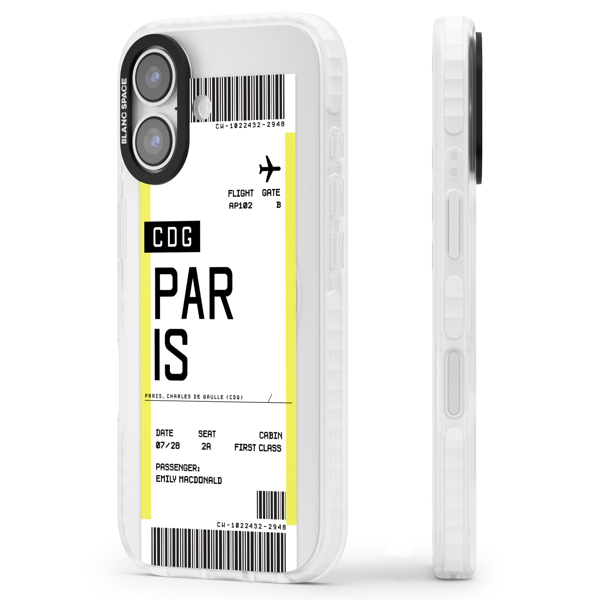Personalised Paris Boarding Pass iPhone 17 Impact Clear Phone Case Side Profile