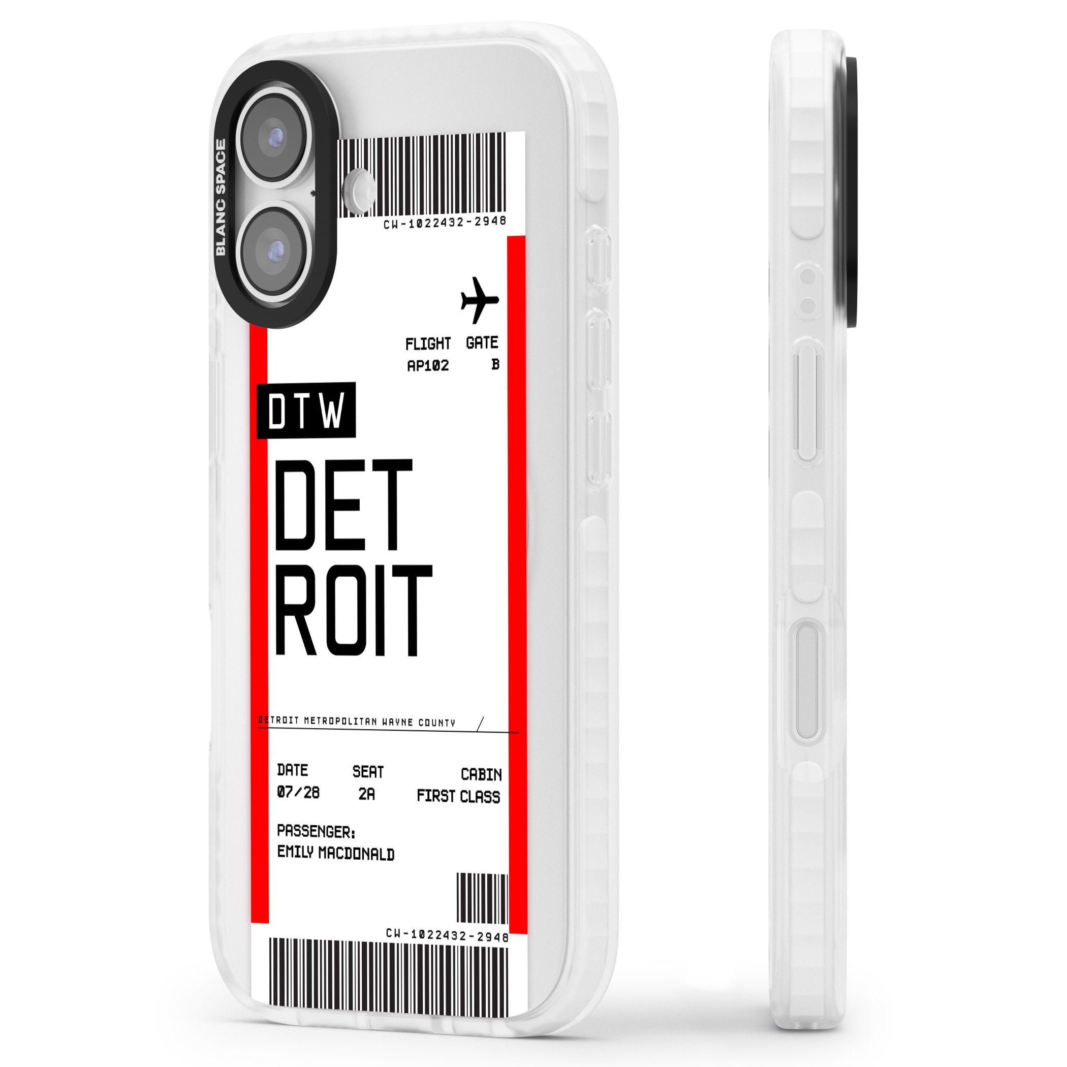 Personalised Detroit Boarding Pass iPhone 17 Impact Clear Phone Case Side Profile