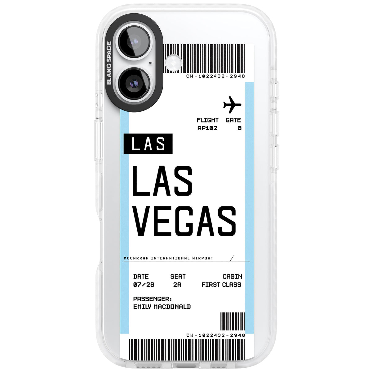 Personalised Las Vegas Boarding Pass iPhone 16 / iPhone 16 Plus / iPhone 17 Impact Clear Phone Case front