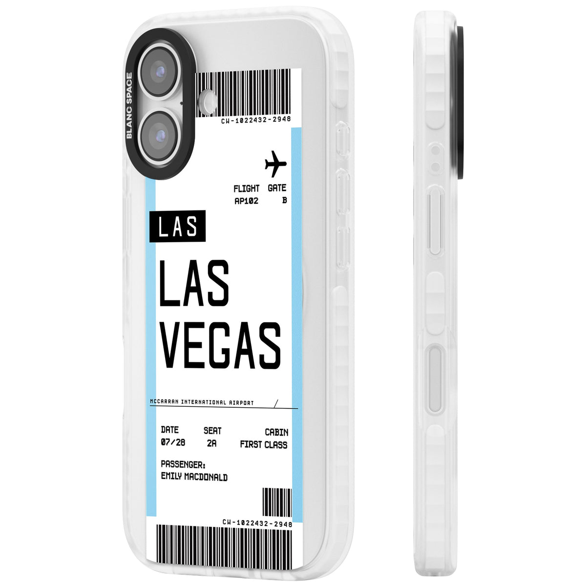 Personalised Las Vegas Boarding Pass iPhone 16 / iPhone 16 Plus / iPhone 17 Impact Clear Phone Case side