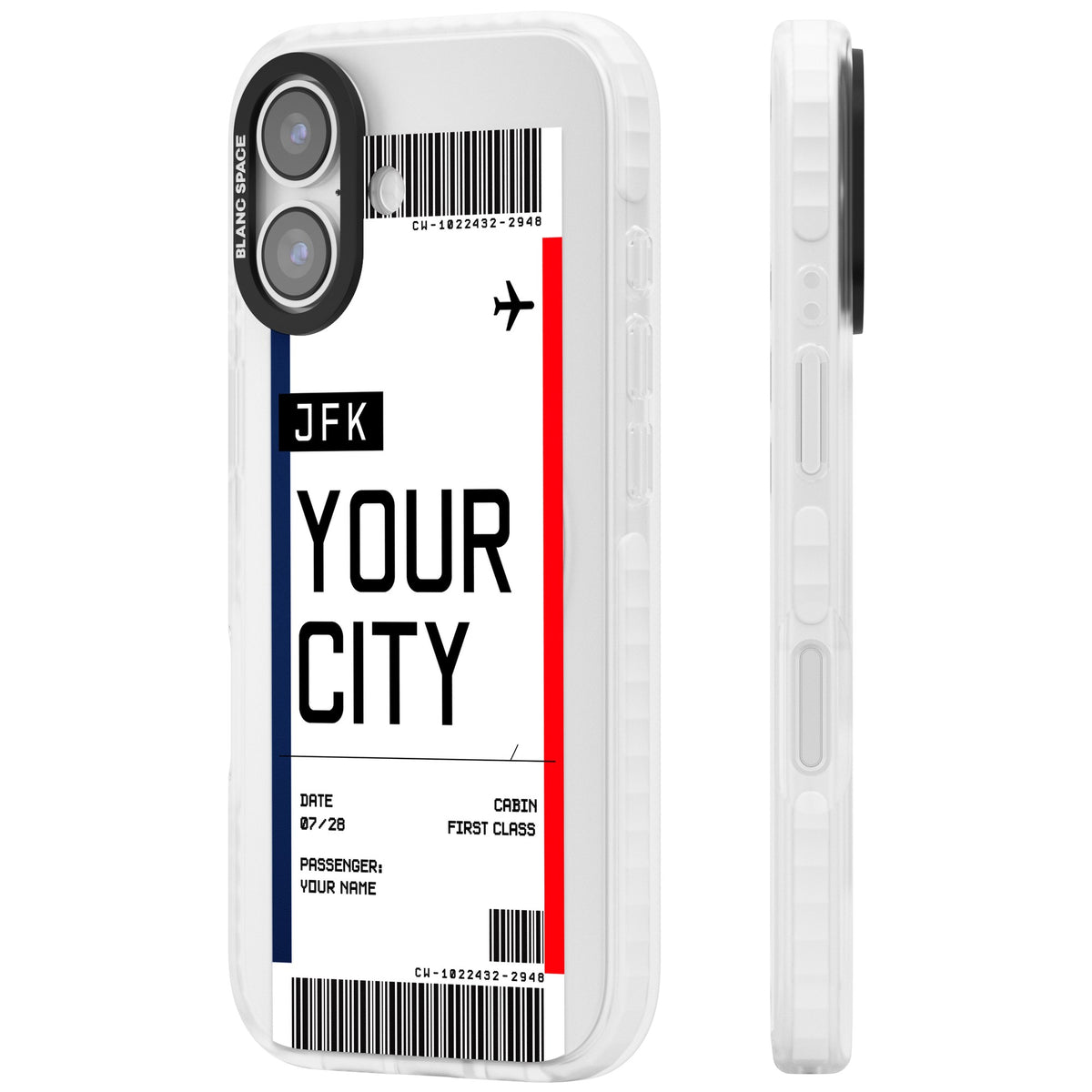 Personalised Create Your Own Boarding Pass Ticket iPhone 16 / iPhone 16 Plus / iPhone 17 Impact Clear Phone Case side