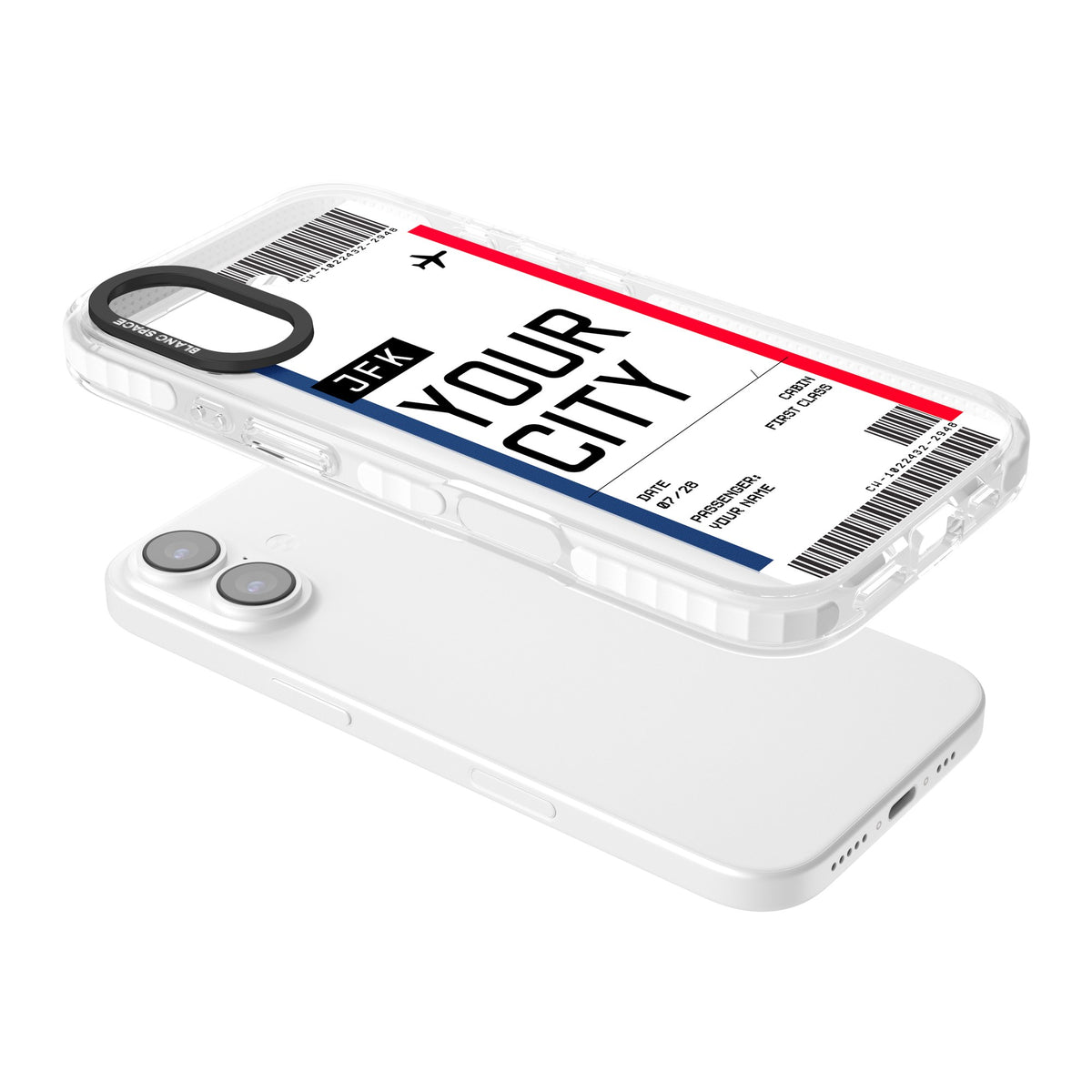 Personalised Create Your Own Boarding Pass Ticket iPhone 16 / iPhone 16 Plus / iPhone 17 Impact Clear Phone Case angled