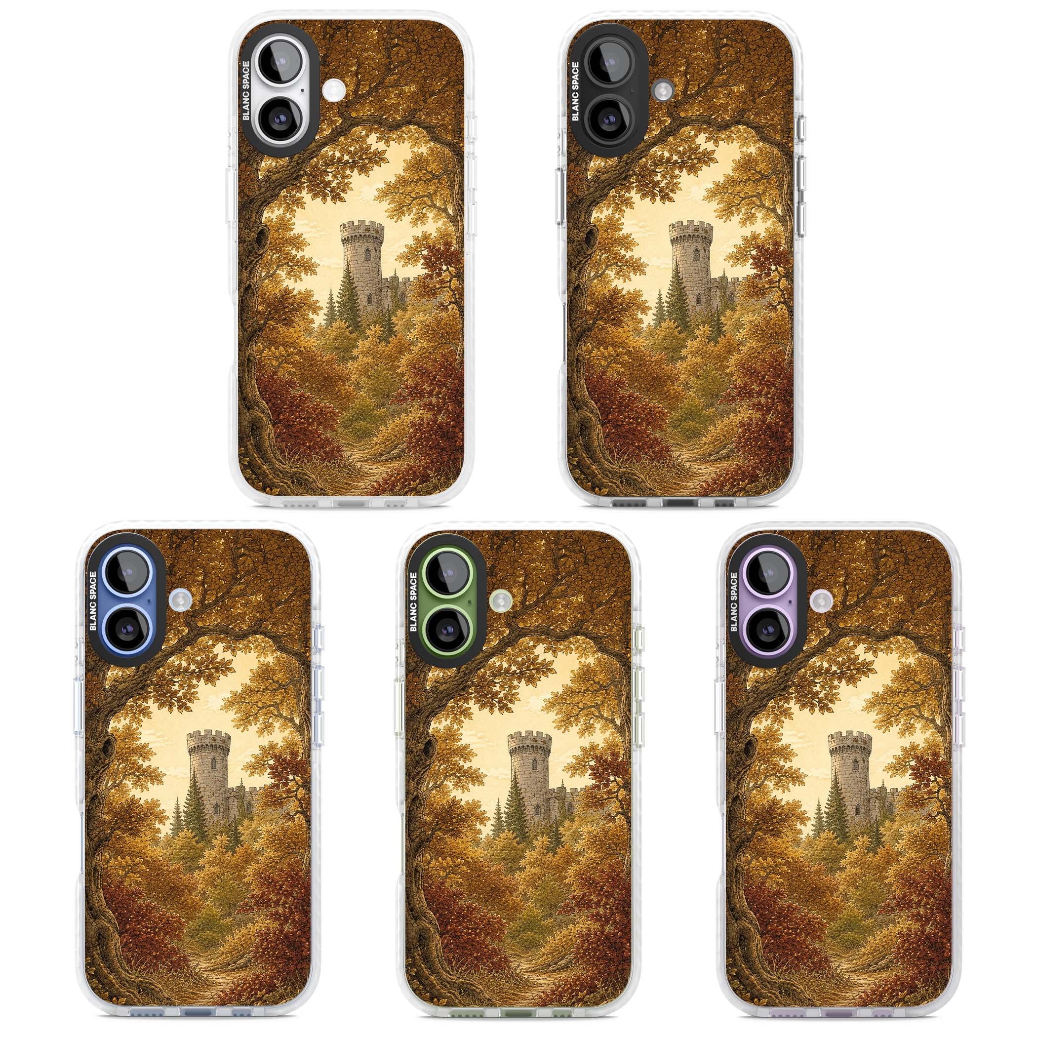 Autumn Keep cottagecore iPhone case featuring a medieval castle tower framed by golden autumn trees and woodland foliage | Black Impact case for iPhone 17