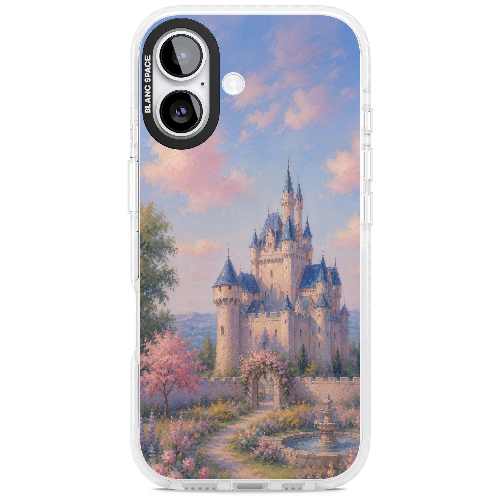 Enchanted Kingdom fairytale iPhone case featuring a romantic castle painting with cherry blossoms and pastel pink sky | Black Impact case for iPhone 17