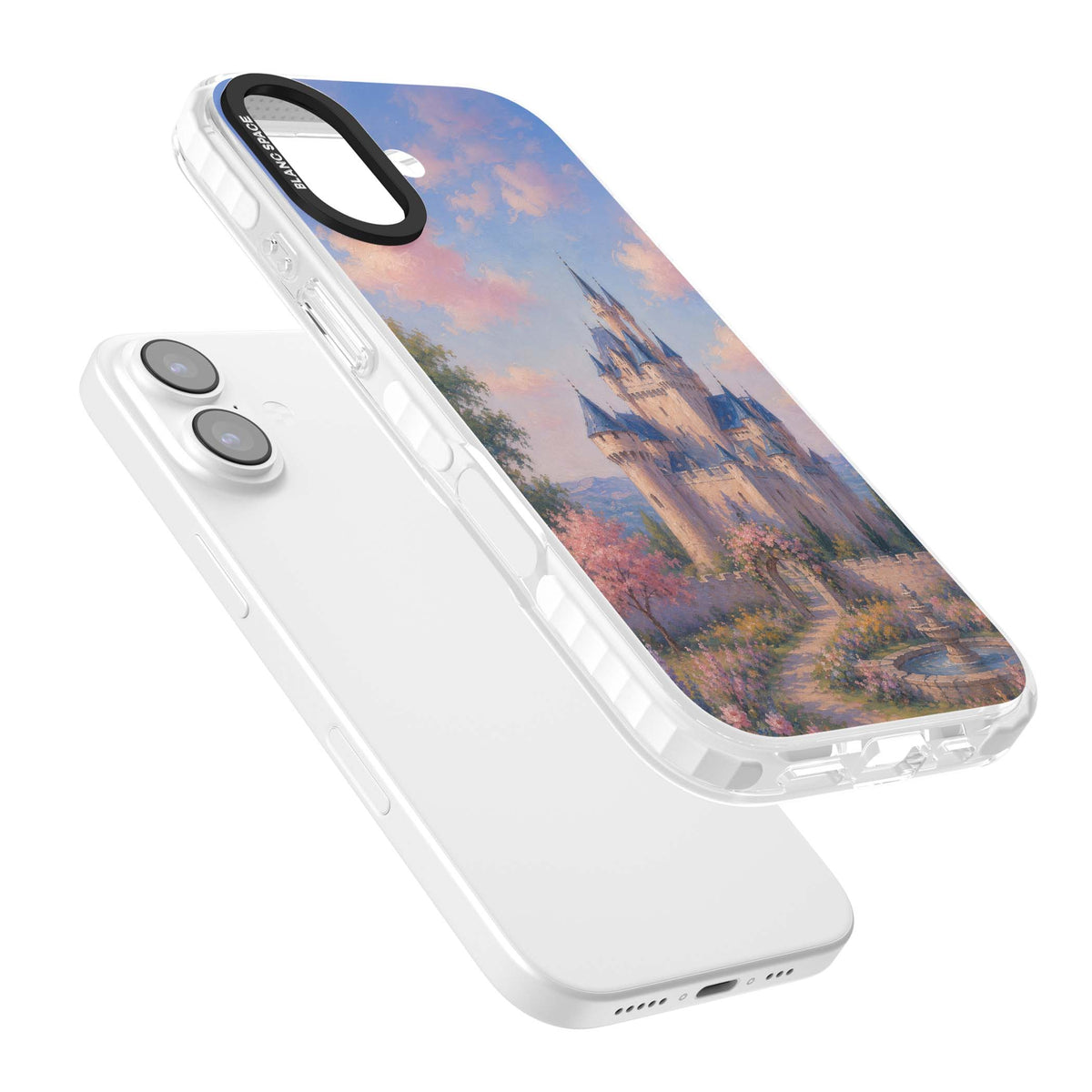 Enchanted Kingdom fairytale iPhone case featuring a romantic castle painting with cherry blossoms and pastel pink sky | Black Impact case for iPhone 17