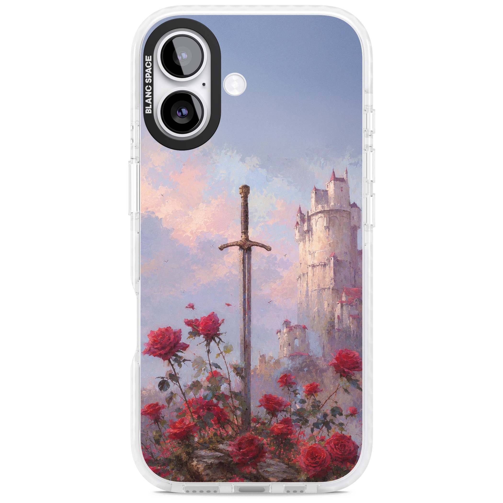 Sword in Roses medieval art iPhone case featuring a sword, red roses, and a misty fairytale castle at sunset | Black Impact case for iPhone 17