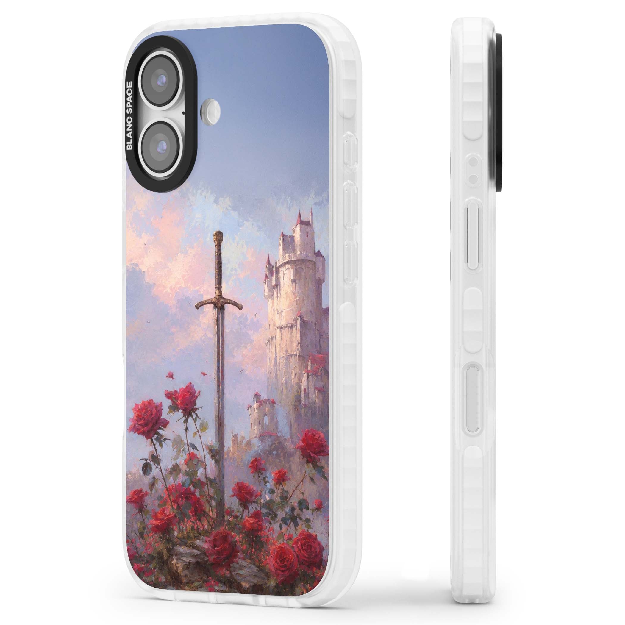 Sword in Roses medieval art iPhone case featuring a sword, red roses, and a misty fairytale castle at sunset | Black Impact case for iPhone 17