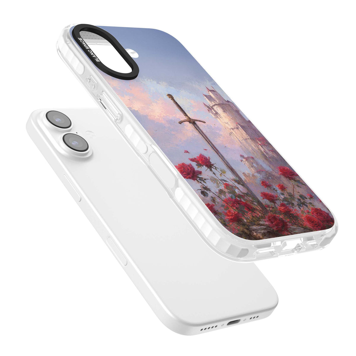 Sword in Roses medieval art iPhone case featuring a sword, red roses, and a misty fairytale castle at sunset | Black Impact case for iPhone 17
