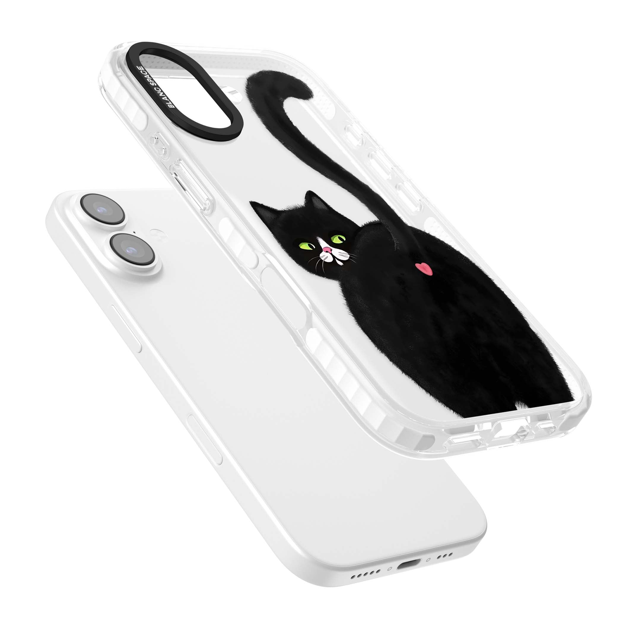 The Cat's Kiss cute cat iPhone case featuring a hand-painted tuxedo kitty with green eyes and a pink heart on a clear  | Black Impact case for iPhone 17