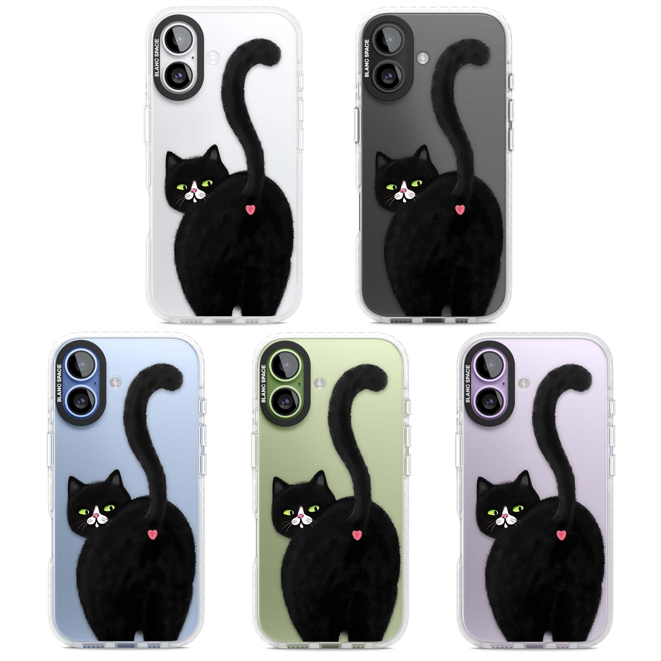 The Cat's Kiss cute cat iPhone case featuring a hand-painted tuxedo kitty with green eyes and a pink heart on a clear  | Black Impact case for iPhone 17