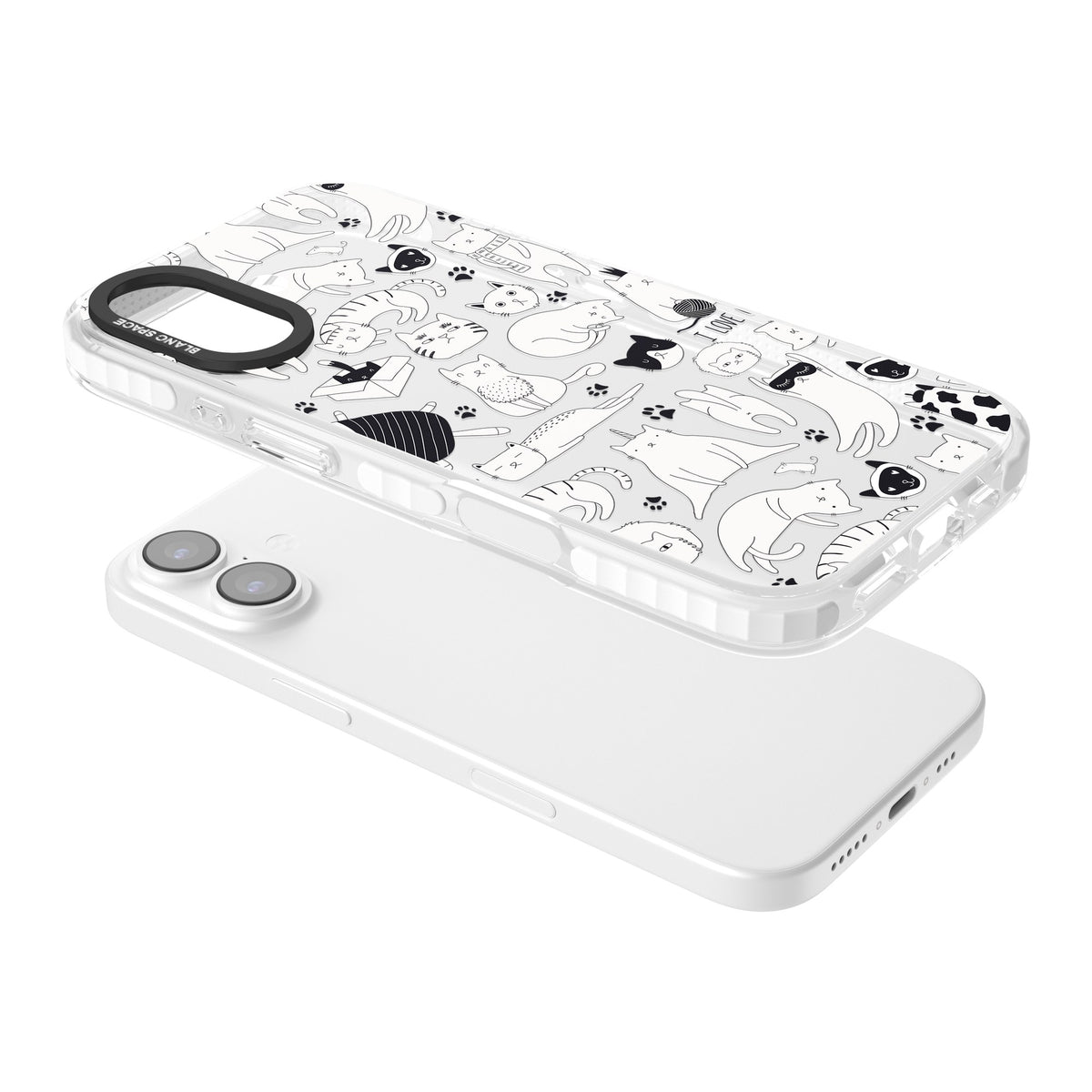 Cartoon Cats (Black & White) iPhone 16 / iPhone 16 Plus / iPhone 17 Impact Clear Phone Case angled
