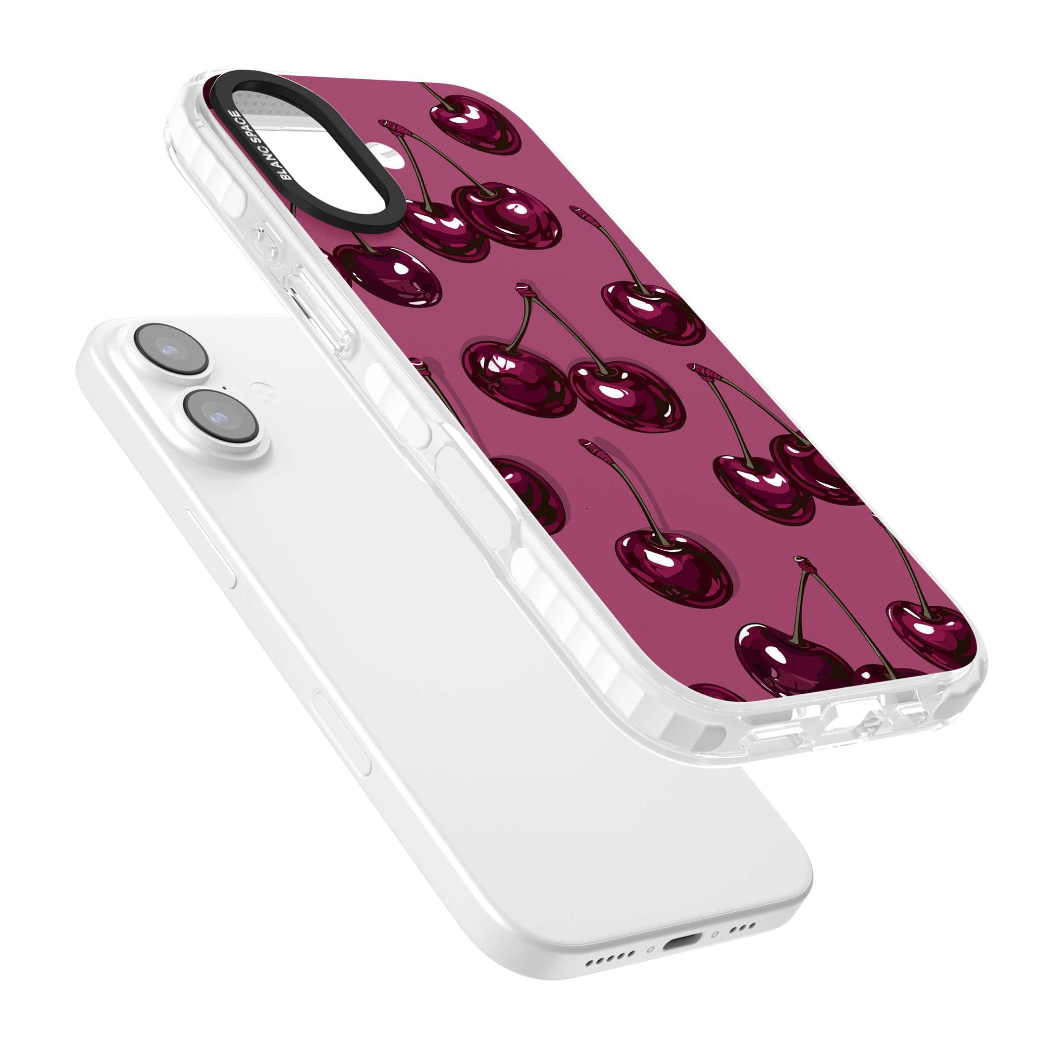 Cherry Soda coquette iPhone case featuring glossy burgundy cherries on a dusty pink background | Black Impact case for iPhone 17