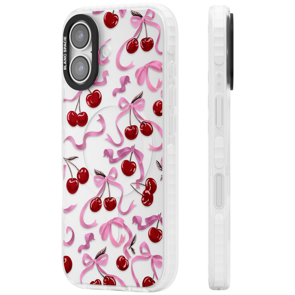 Pink Bow & Cherries iPhone 16 / iPhone 16 Plus / iPhone 17 Impact Clear Phone Case side