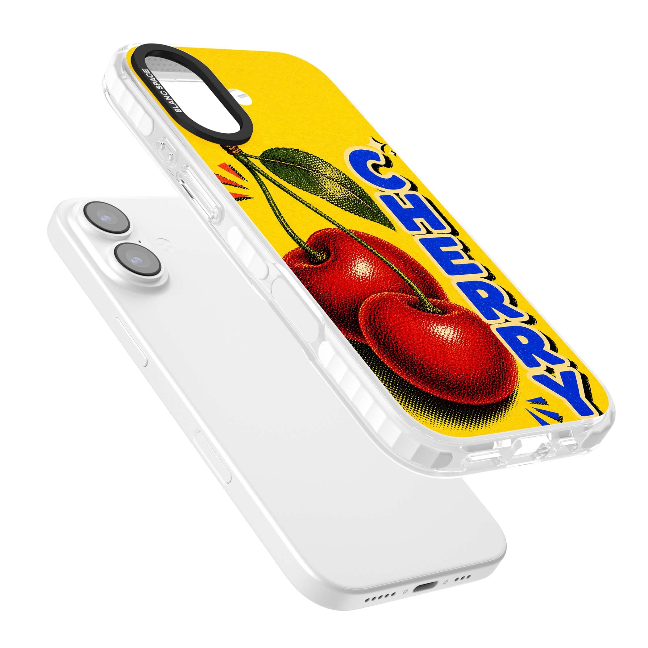 Cherry Yellow y2k iPhone case featuring two red cherries, halftone shading and bold blue CHERRY lettering on yellow | Black Impact case for iPhone 17