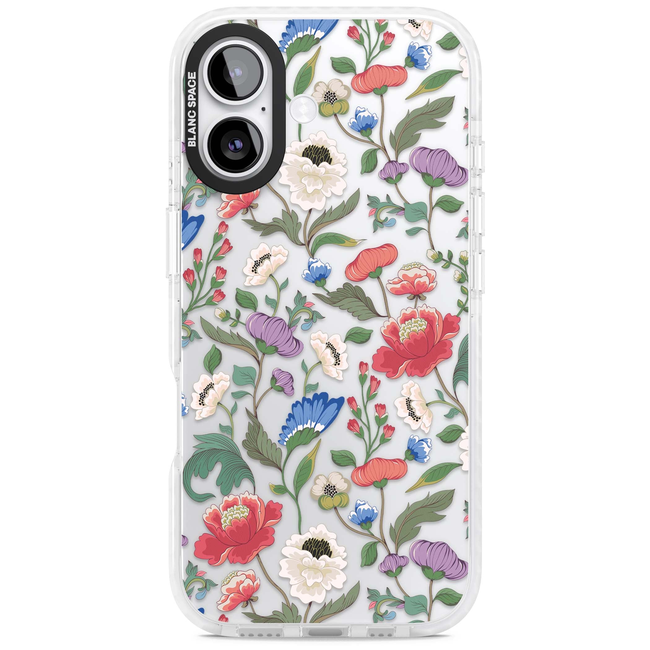 Chinoiserie Bloom vintage floral iPhone case featuring hand-painted peonies, poppies and trailing wildflowers on clear... | Black Impact case for iPhone 17