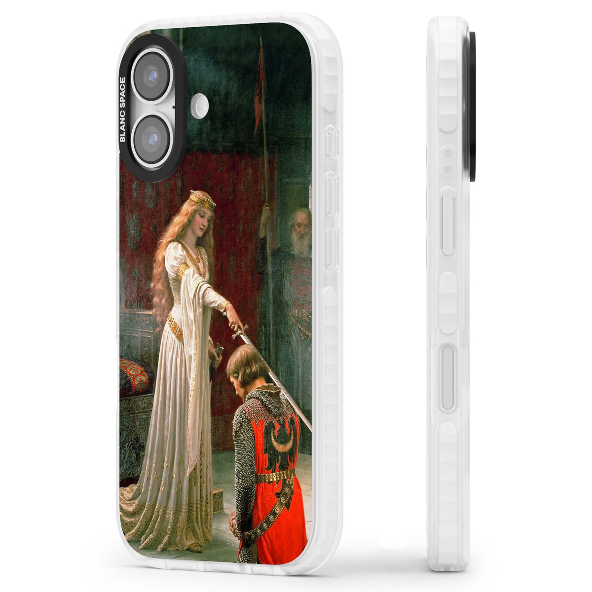 The Accolade renaissance art iPhone case featuring Edmund Blair Leighton's painting of a queen knighting a kneeling knight | Black Impact case for iPhone 17