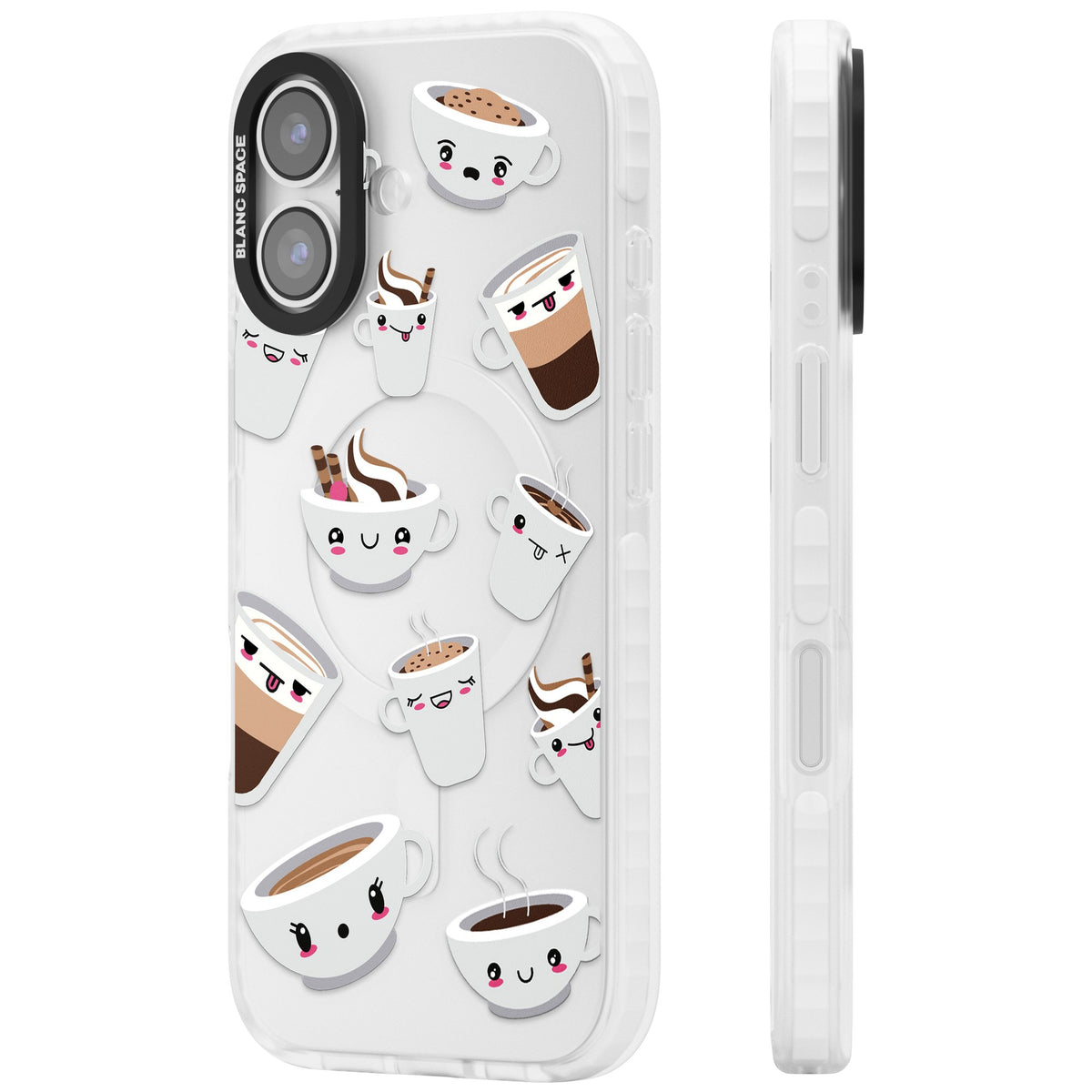 Coffee Faces iPhone 16 / iPhone 16 Plus / iPhone 17 Impact Clear Phone Case side