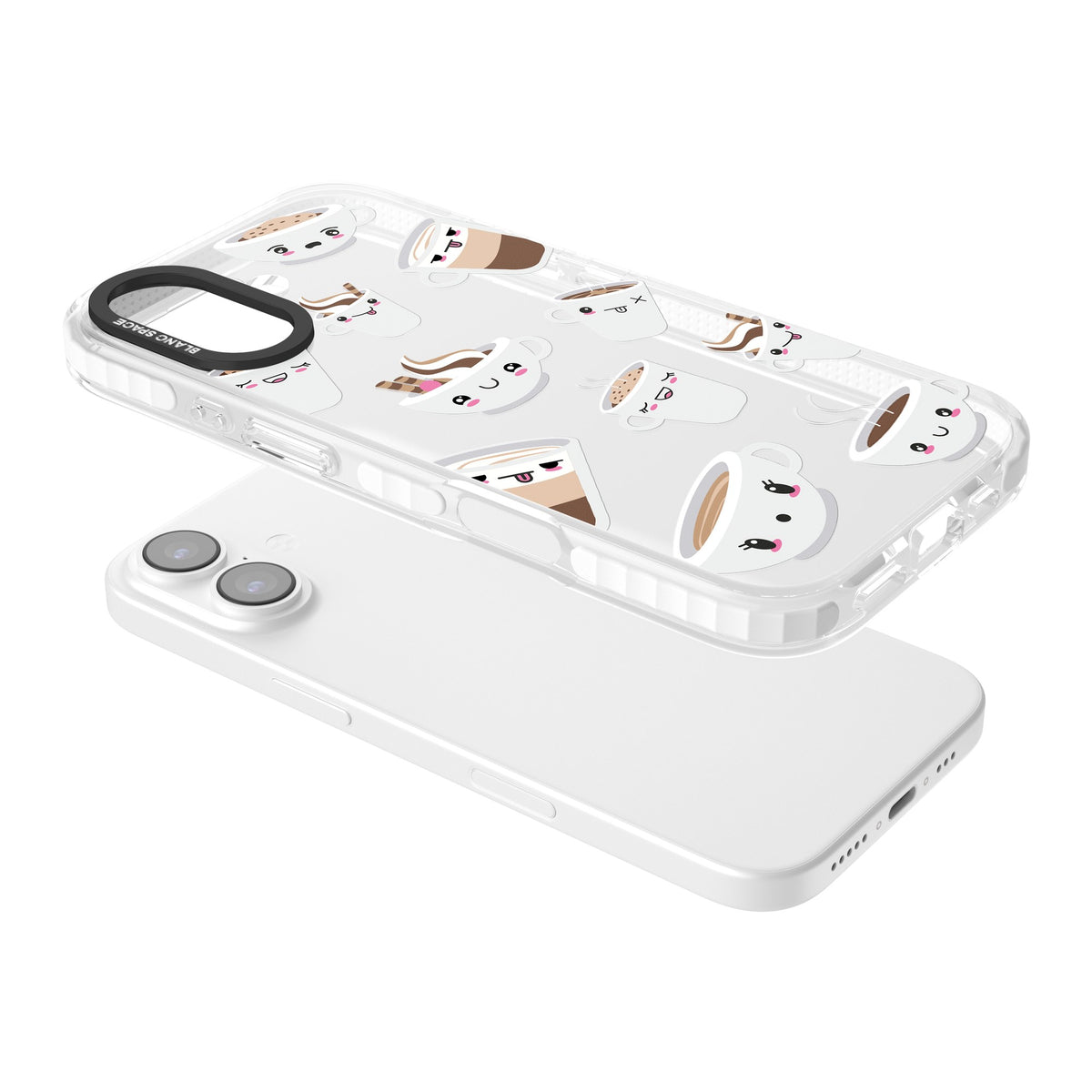 Coffee Faces iPhone 16 / iPhone 16 Plus / iPhone 17 Impact Clear Phone Case angled