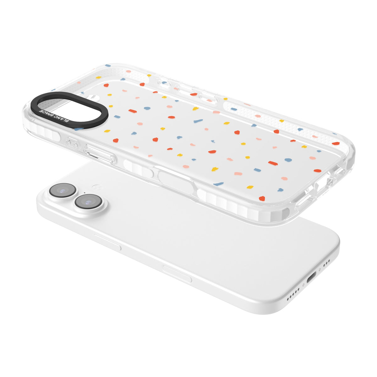 Small Confetti iPhone 16 / iPhone 16 Plus / iPhone 17 Impact Clear Phone Case angled