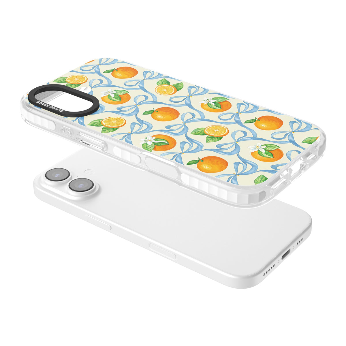 Bows & Clementines iPhone 16 / iPhone 16 Plus / iPhone 17 Impact Clear Phone Case angled