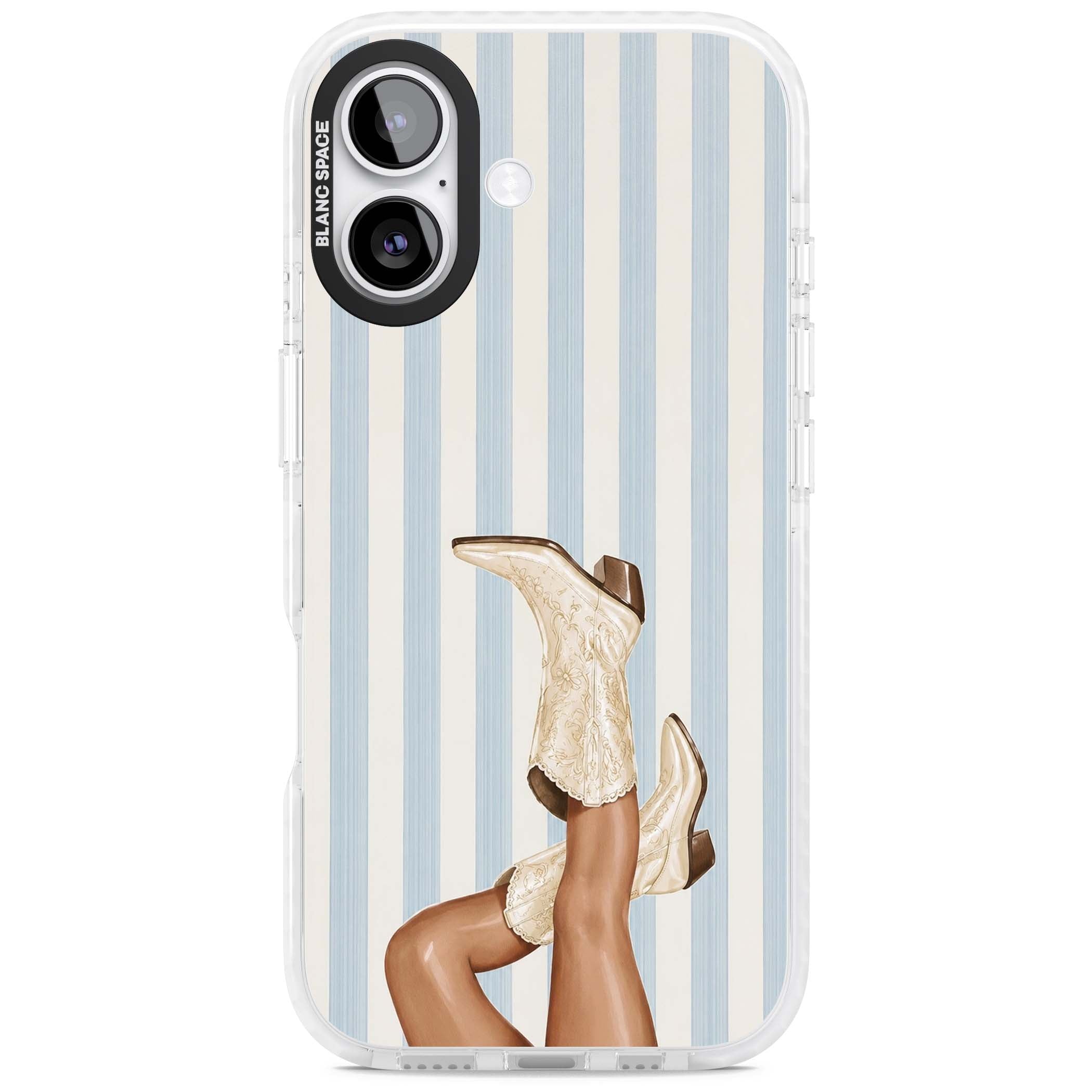 Cowgirl Boots coastal cowgirl iPhone case featuring embroidered western boots, tanned legs and a blue stripe backdrop | Black Impact case for iPhone 17