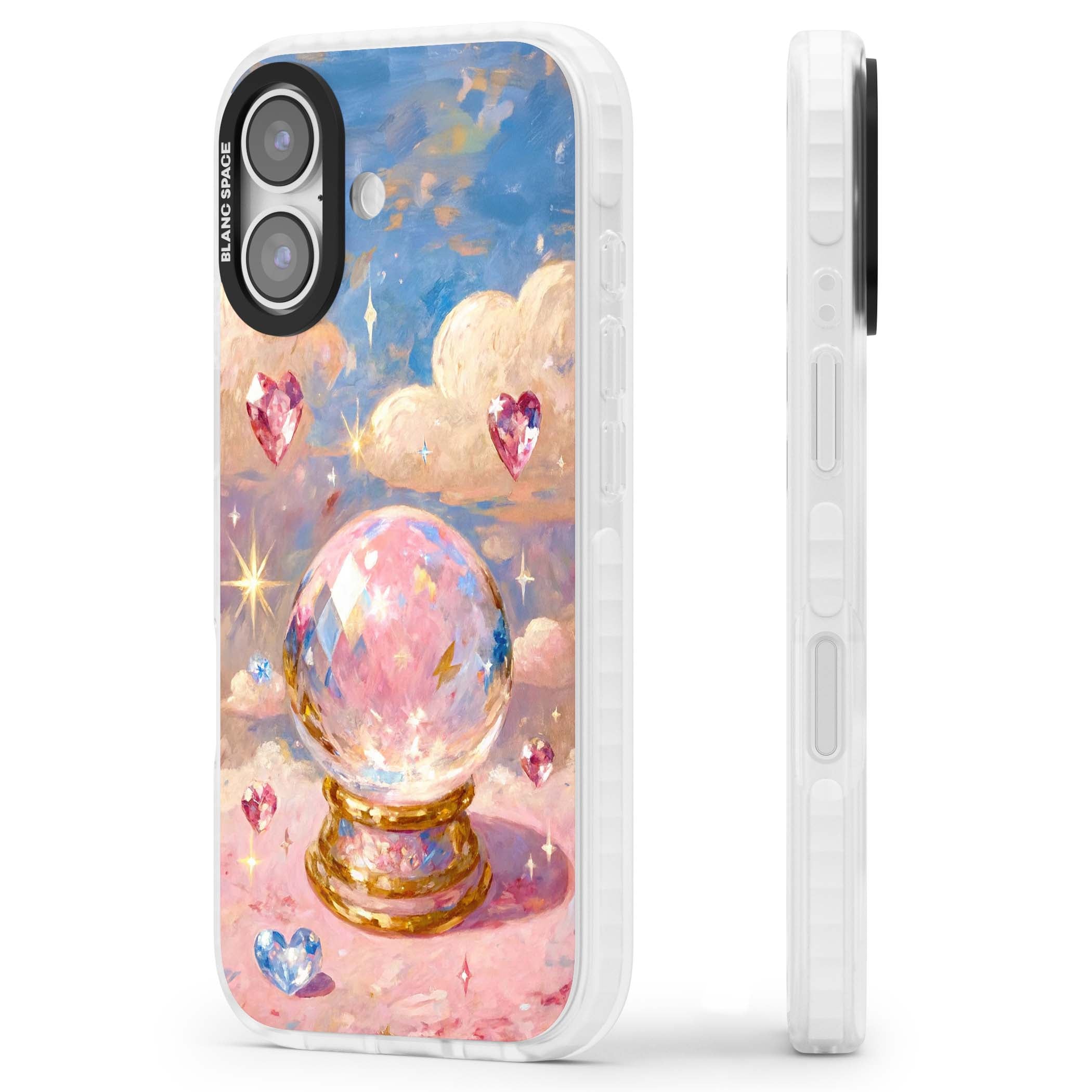 Crystal Ball fairycore iPhone case featuring a painted crystal ball, heart gemstones, and pastel clouds | Black Impact case for iPhone 17